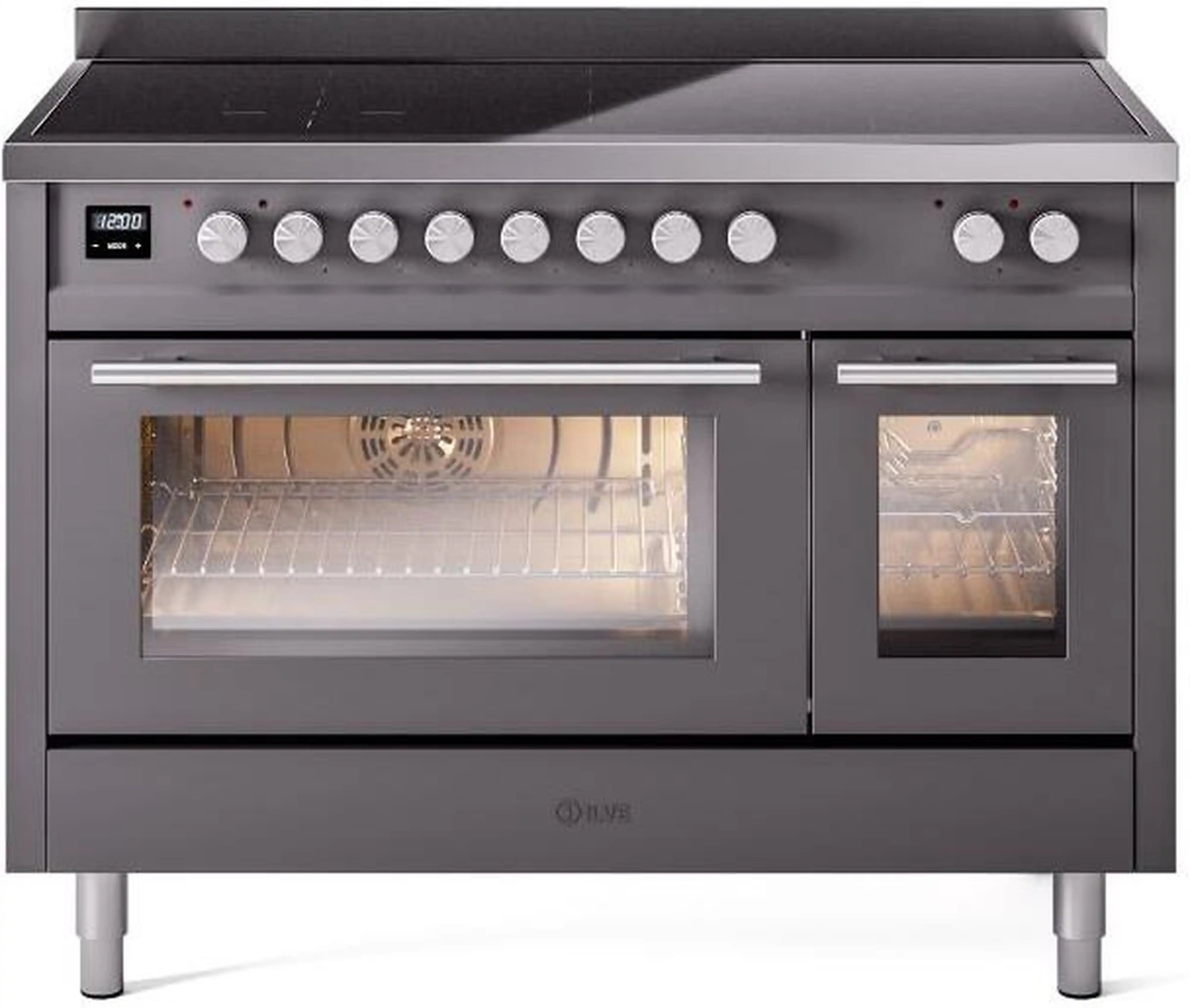 Matte graphite induction range front with two ovens and burner knob control bar