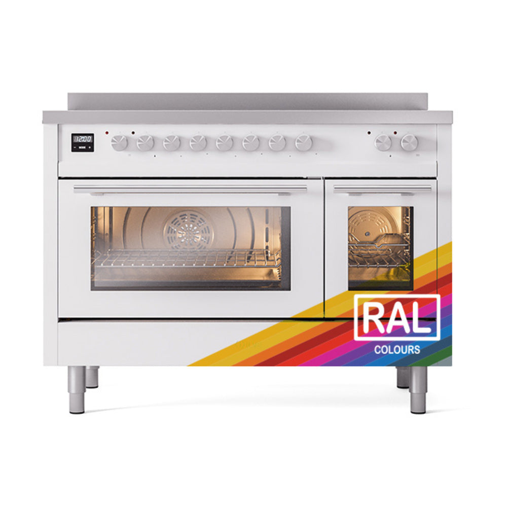 48-inch induction range with two oven doors and control knobs, white finish