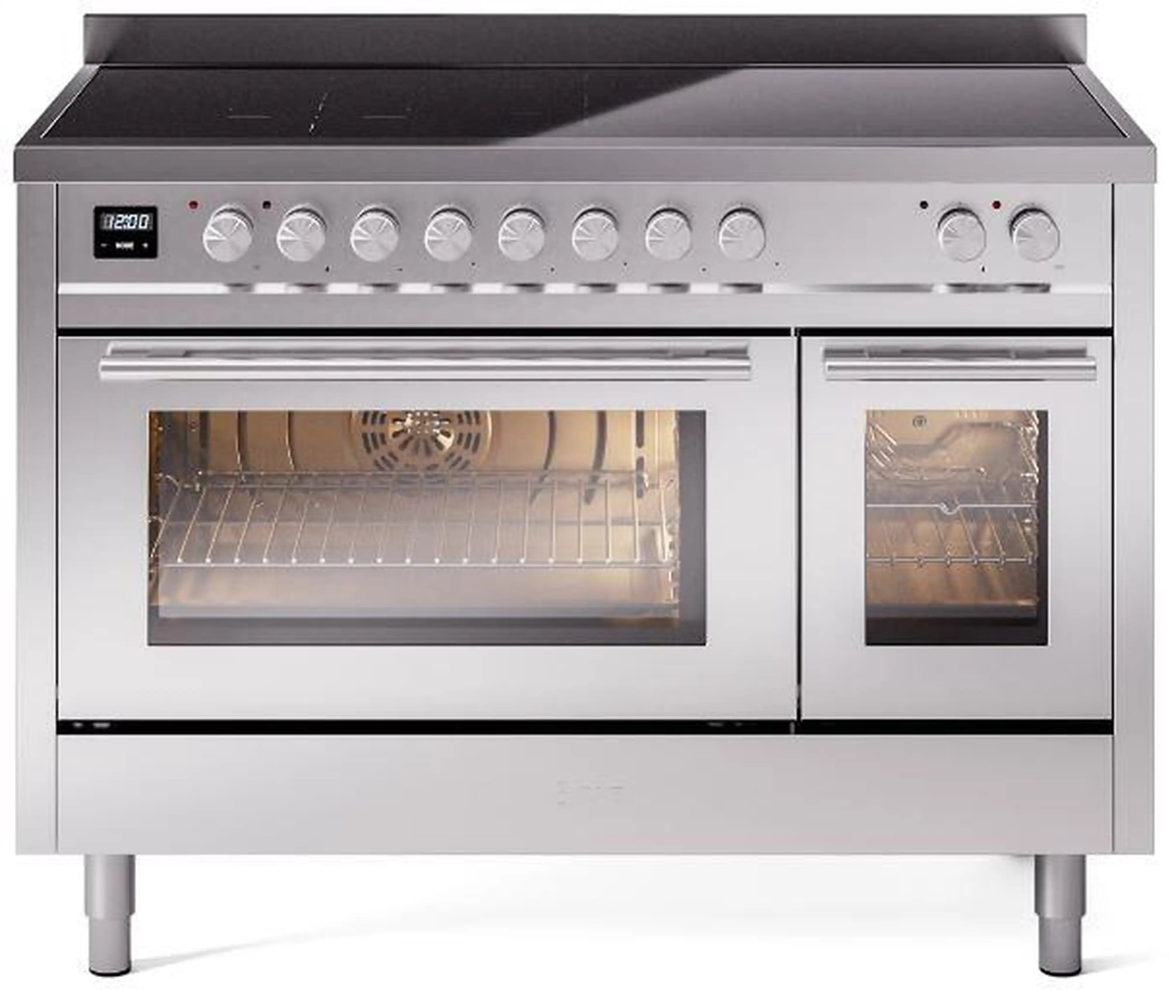 Stainless steel induction range with two oven doors and top control panel with knobs