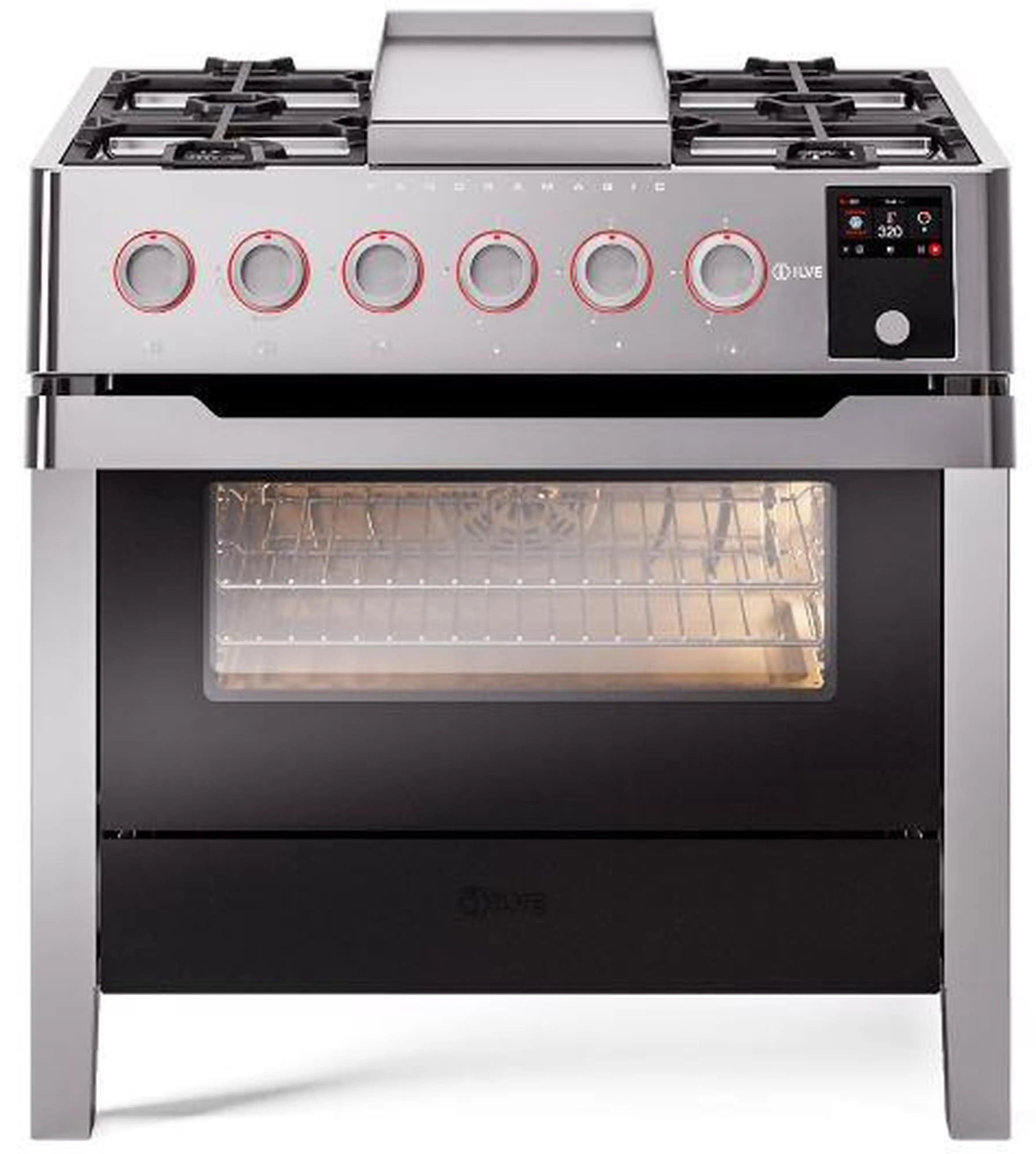 Stainless steel range front with six burner knobs and illuminated oven