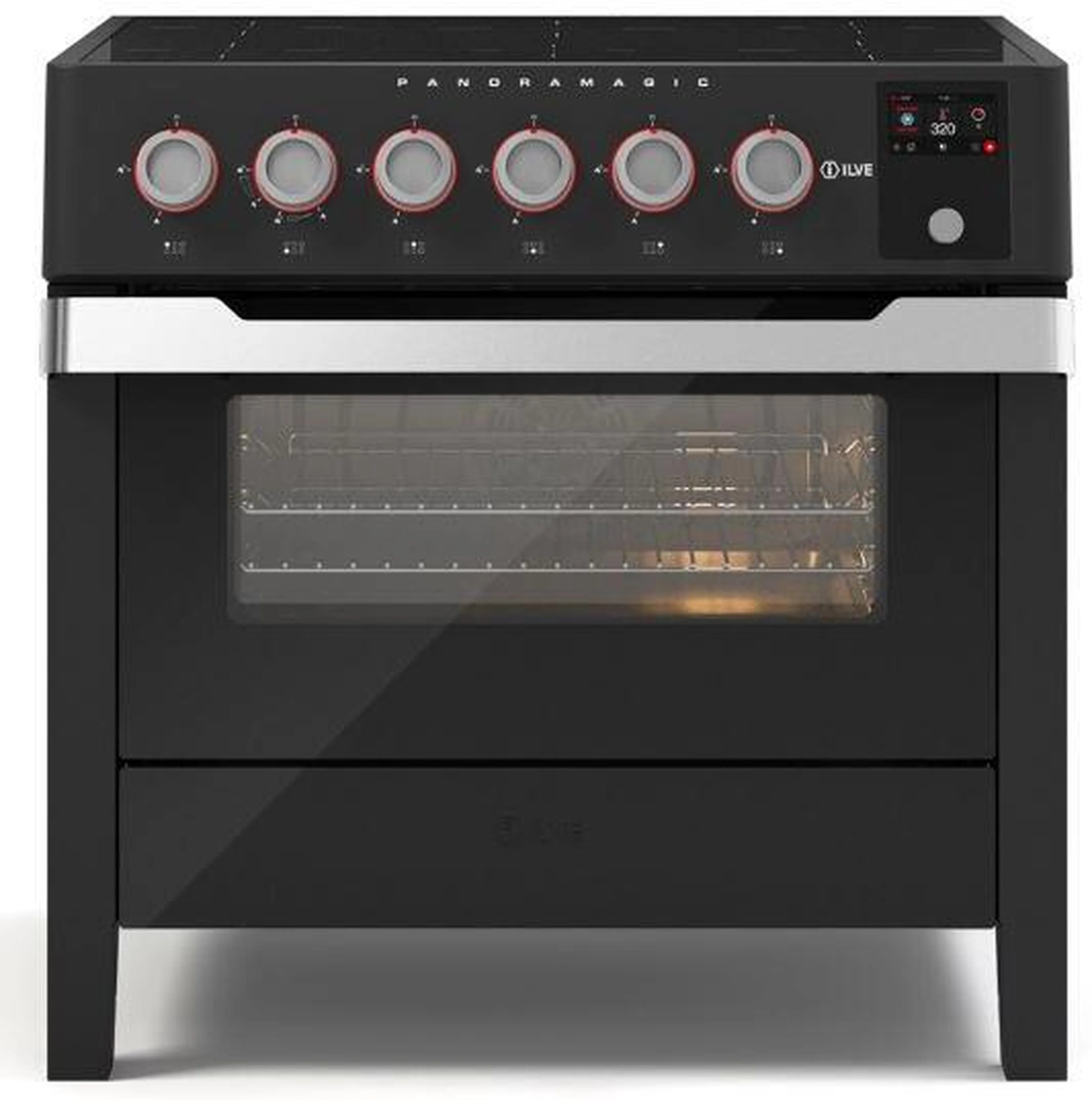 Freestanding induction range with convection oven, matte black front and stainless trim