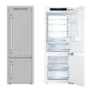 Built-in bottom freezer refrigerator, white finish, door open showing freezer drawers