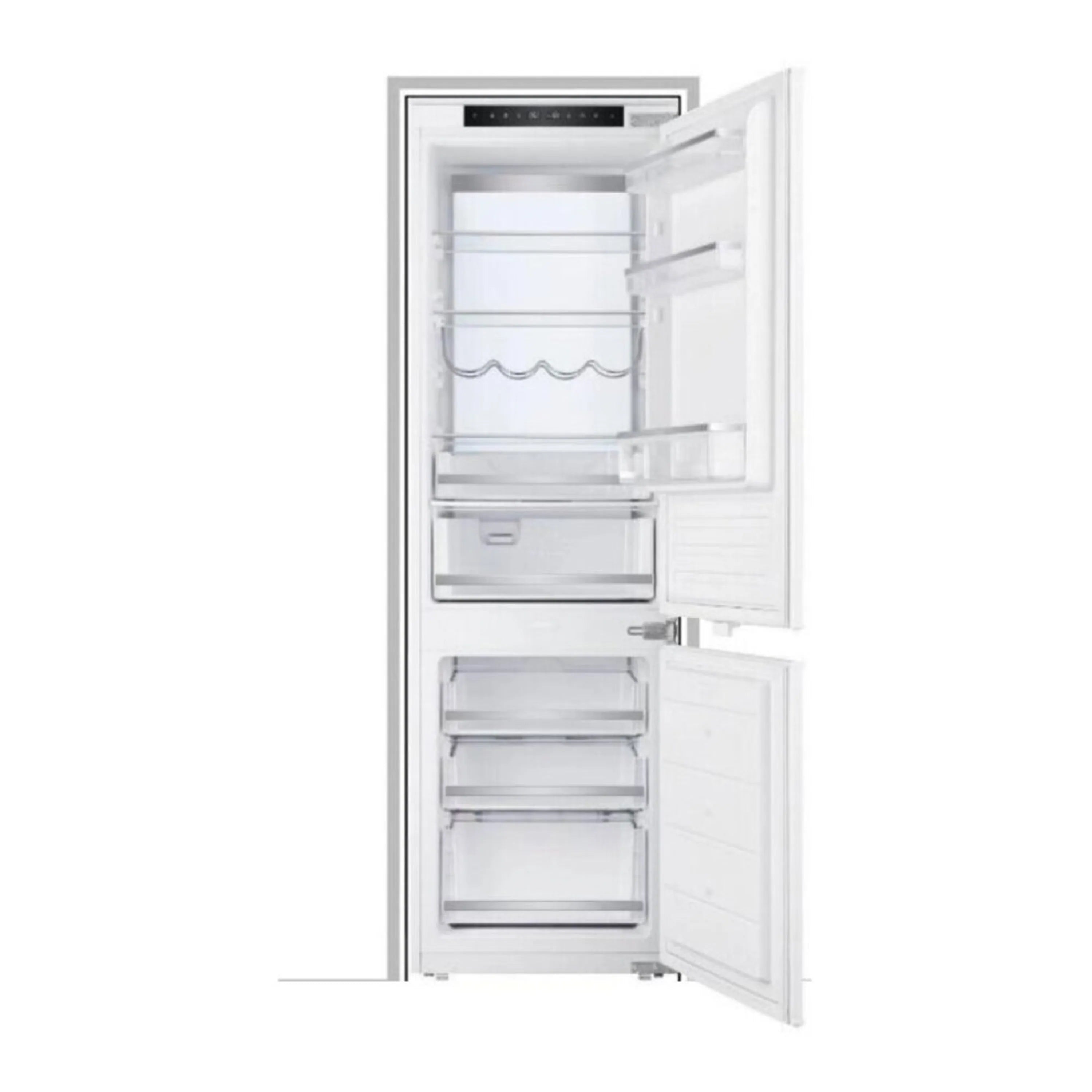 Built-in bottom freezer refrigerator, white finish, open door showing interior shelves