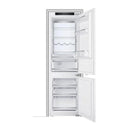 Built-in bottom freezer refrigerator, white finish, open door showing interior shelves