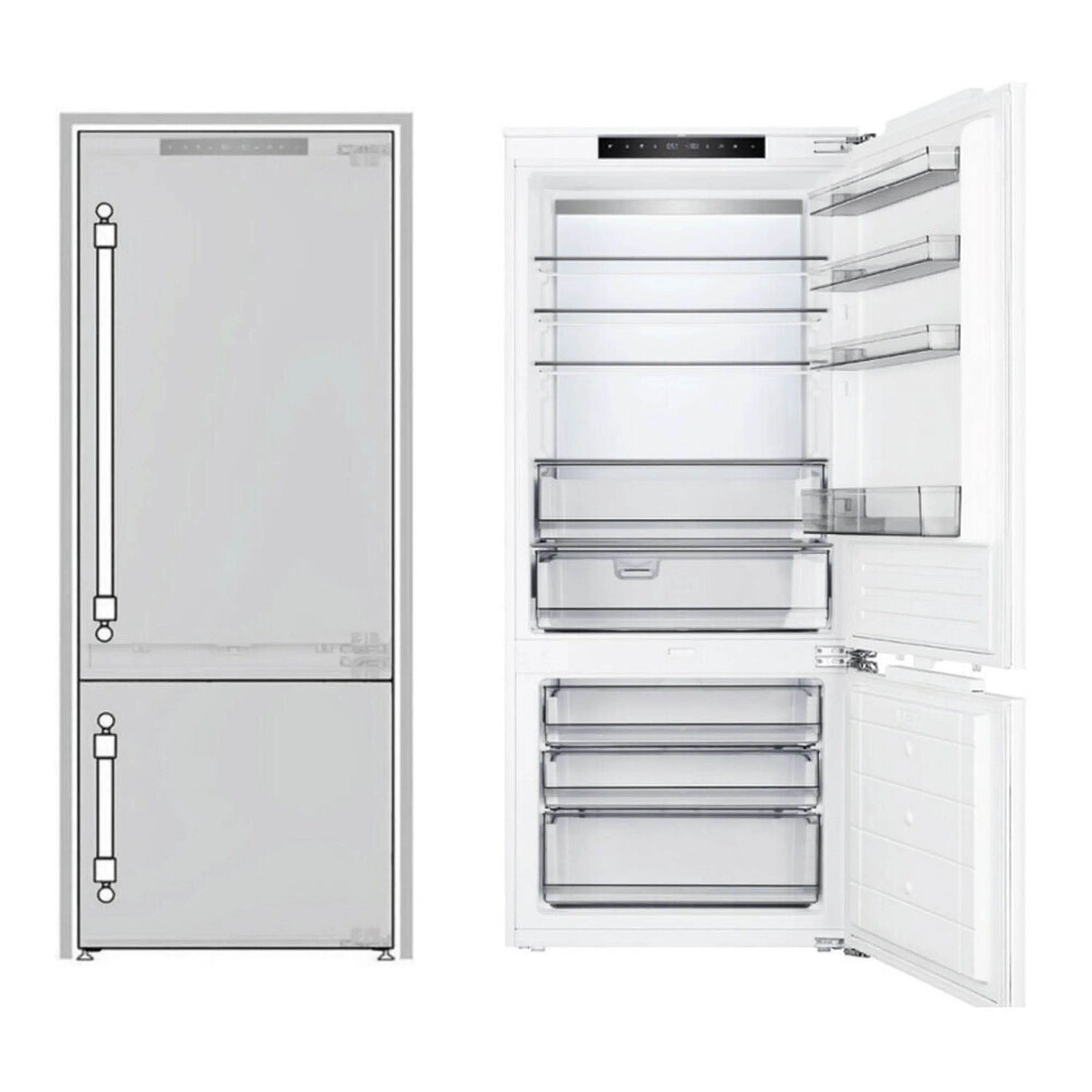 Panel-ready built-in bottom freezer refrigerator in white, with vertical integrated handles