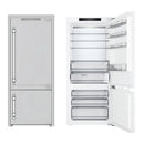 Panel-ready built-in bottom freezer refrigerator in white, with vertical integrated handles