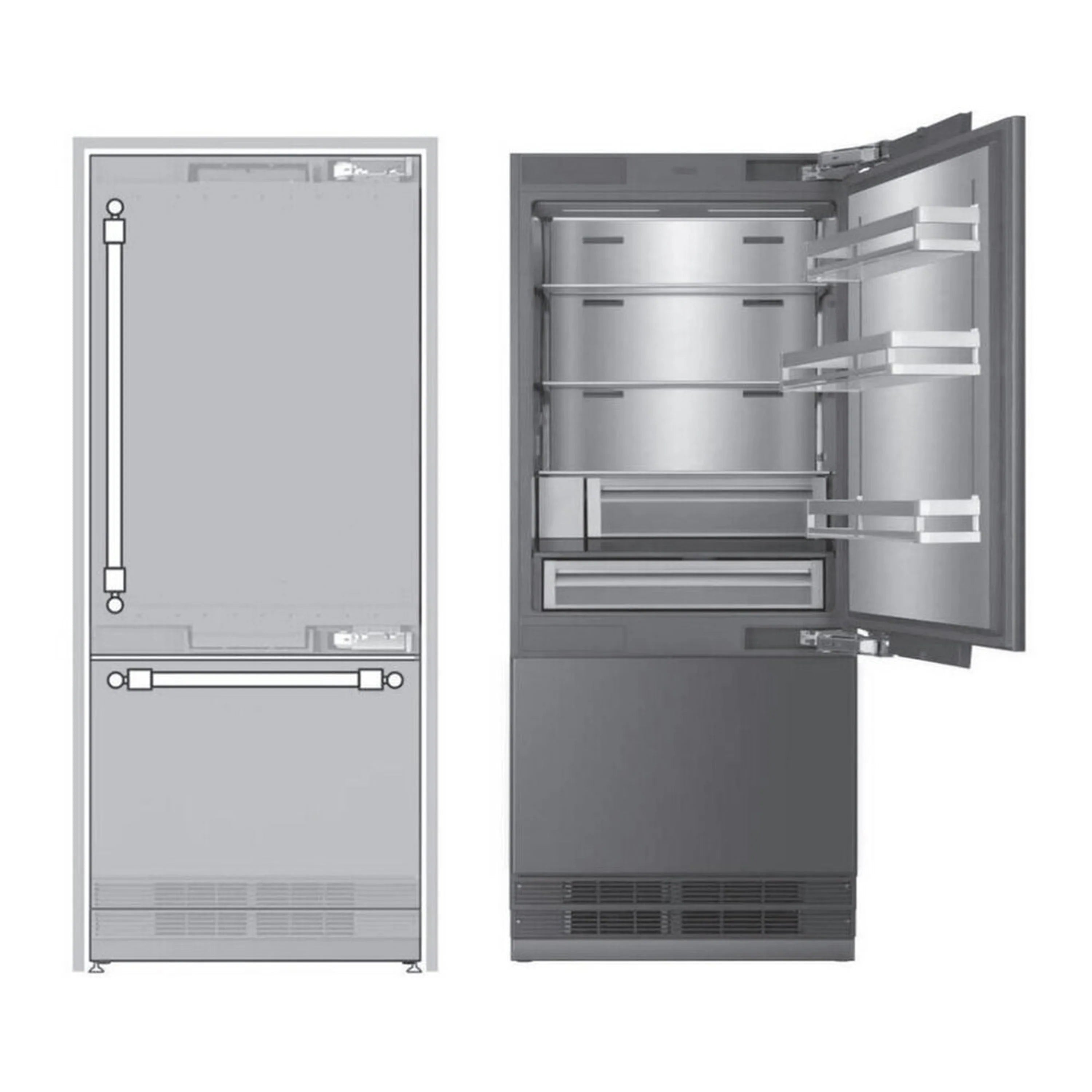 Refrigerator with reversible door, open freezer compartment and closed front, stainless steel