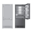 Refrigerator with reversible door, open freezer compartment and closed front, stainless steel