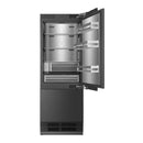 Stainless steel bottom-freezer refrigerator with door open, fridge shelves and drawer visible