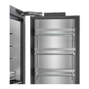 Bottom-freezer refrigerator interior with pull-out shelves and freezer bin, door open
