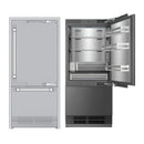 Built-in bottom freezer refrigerator with open door, stainless interior shelves and drawer