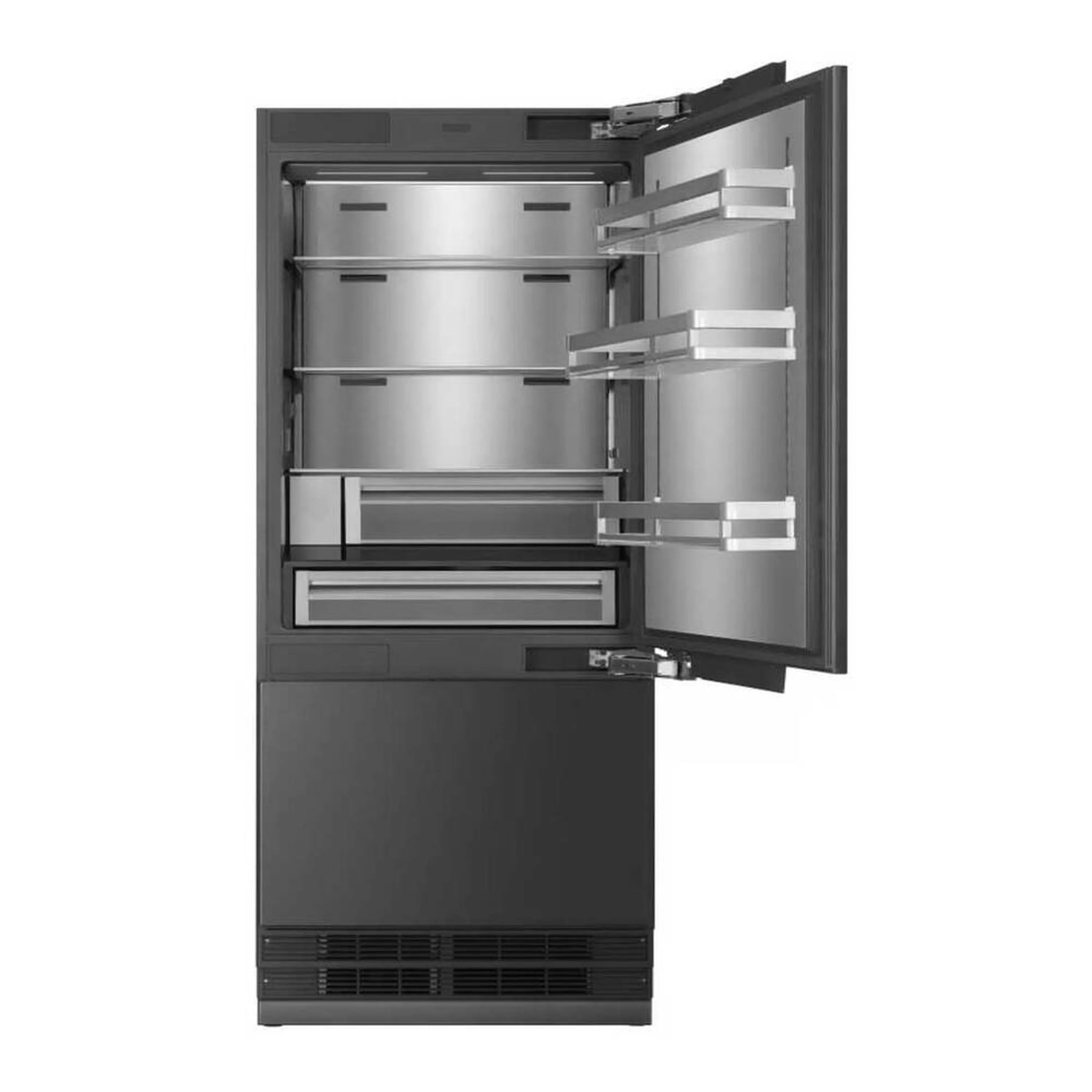 Built-in bottom freezer refrigerator with fully open door and interior freezer drawer