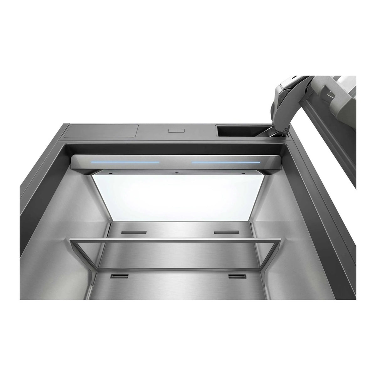 Built-in bottom freezer refrigerator interior view with pull-out shelves and lighting