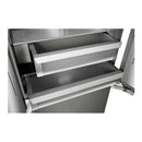 Built-in bottom freezer refrigerator open door showing adjustable glass shelves