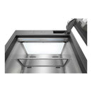 Stainless steel refrigerator interior with built-in dispenser panel and adjustable shelves