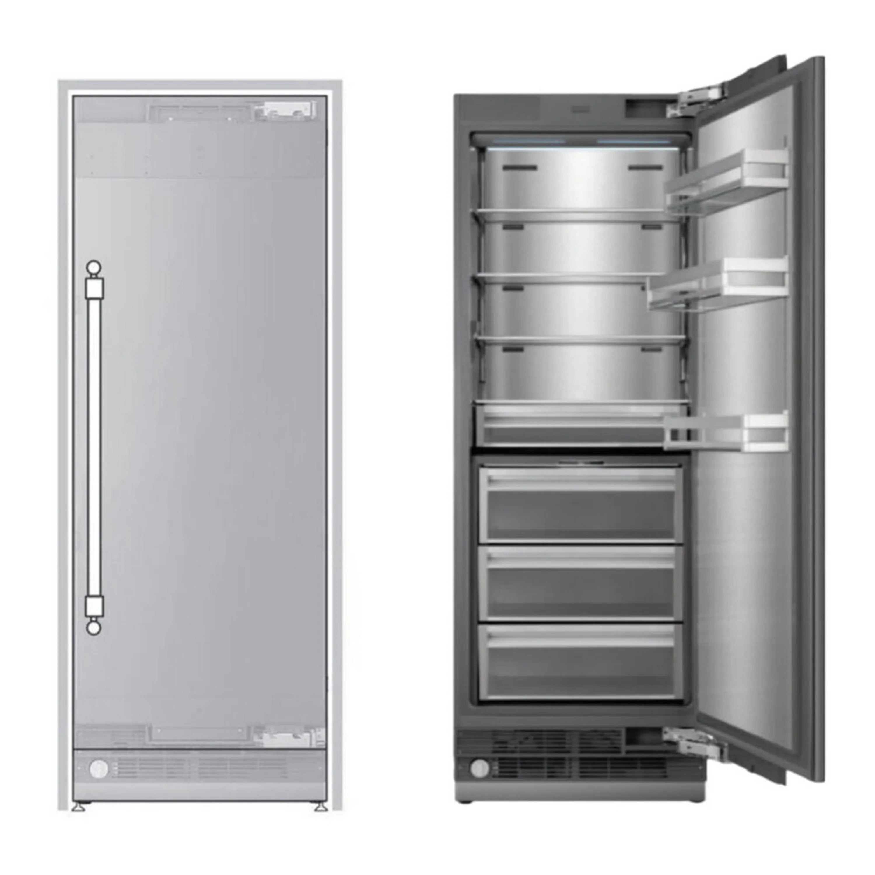 Panel-ready refrigerator column in stainless steel, door open with interior shelves