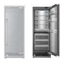 Panel-ready refrigerator column in stainless steel, door open with interior shelves