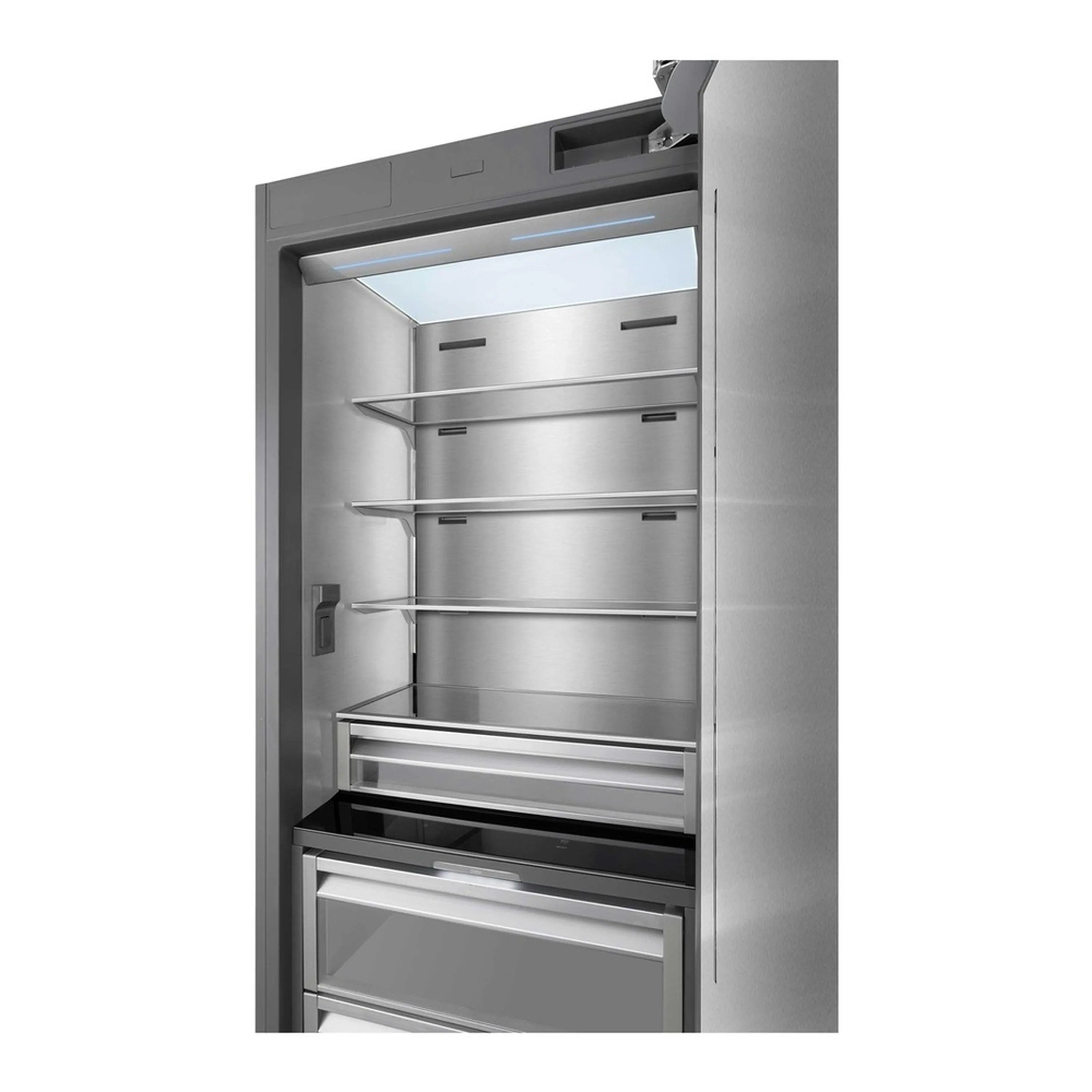 Stainless refrigerator column with door open, upper compartments and adjustable shelves