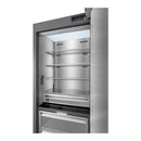 Stainless refrigerator column with door open, upper compartments and adjustable shelves