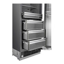 Refrigerator column door open, showing drawers, shelves, and dispenser area