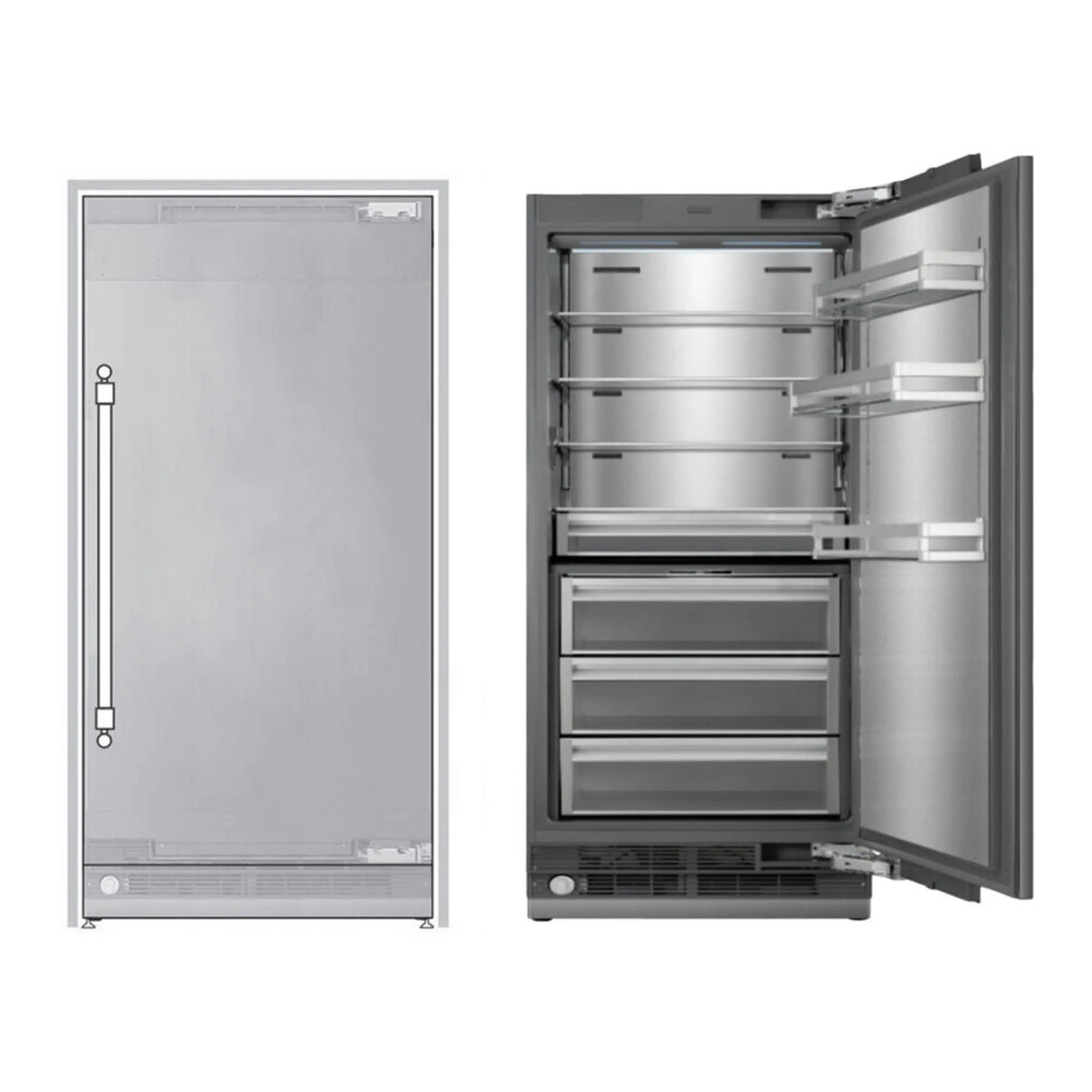 Panel-ready refrigerator open door with shelves and access panel ready