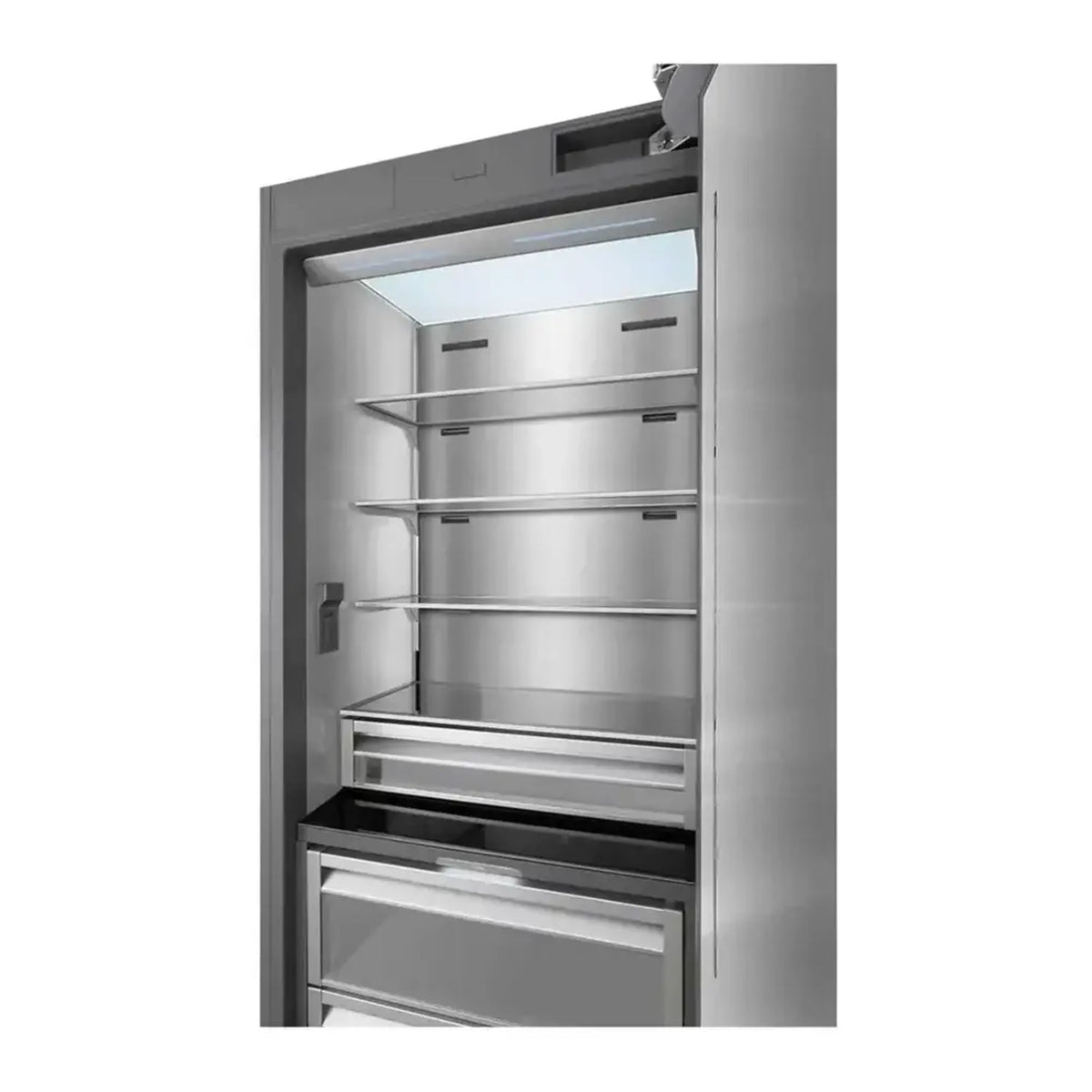 Panel-ready refrigerator interior with drawers and adjustable shelving
