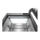 Panel-ready refrigerator interior with top shelves and water dispenser nozzle