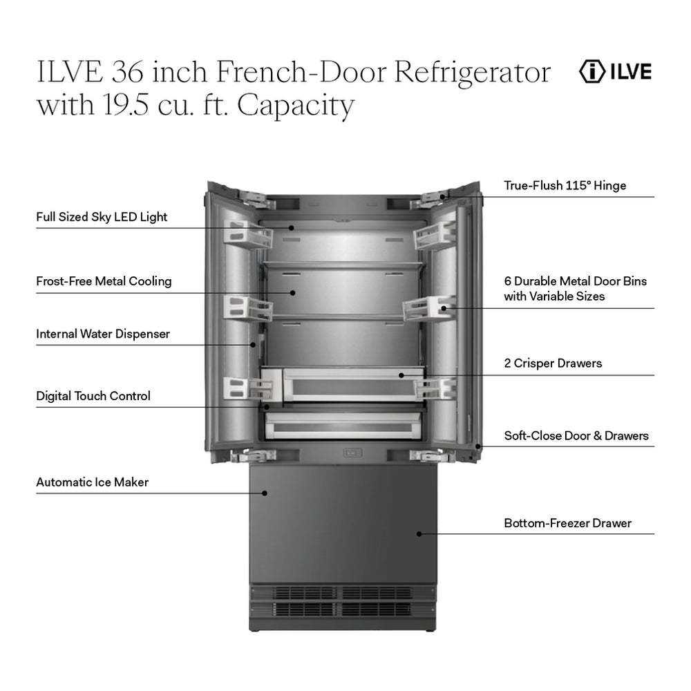 ILVE URFD36SIWPRY 36 inch Built-In French Door Refrigerator with 19.5 cu. ft. Capacity, Internal Water Dispenser, Ice Maker, Energy Star, Sabbath Mode