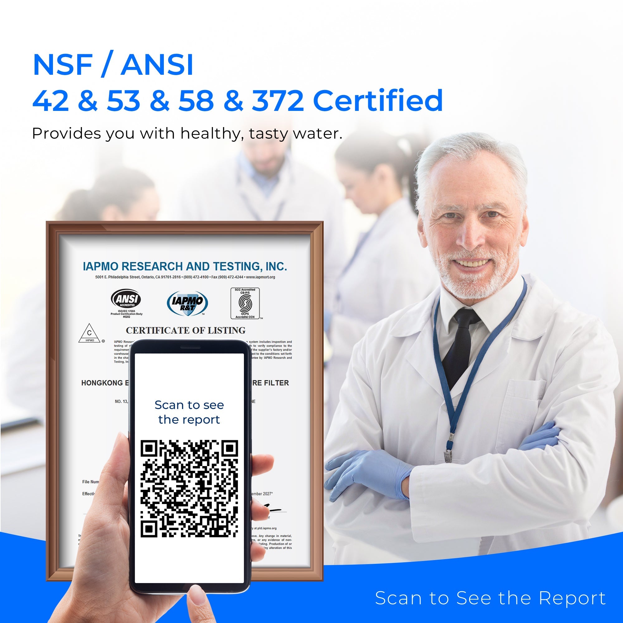 NSF/ANSI 42/53/58/372 reverse osmosis filter certification report with QR code