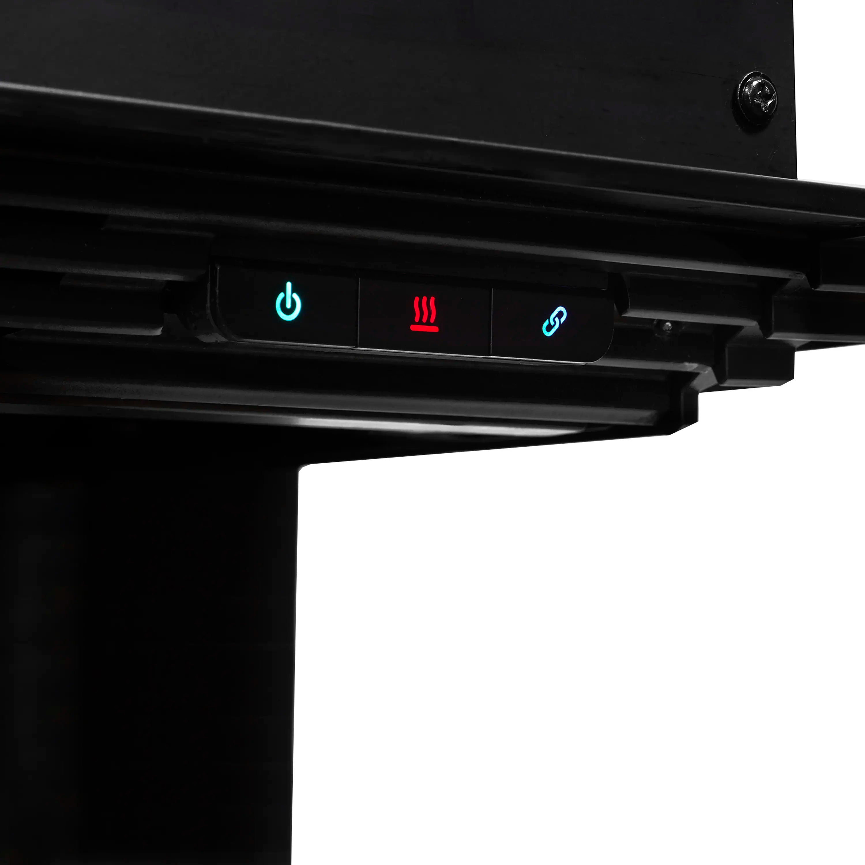 Built-in linear electric fireplace control panel with power, heat and flame indicators
