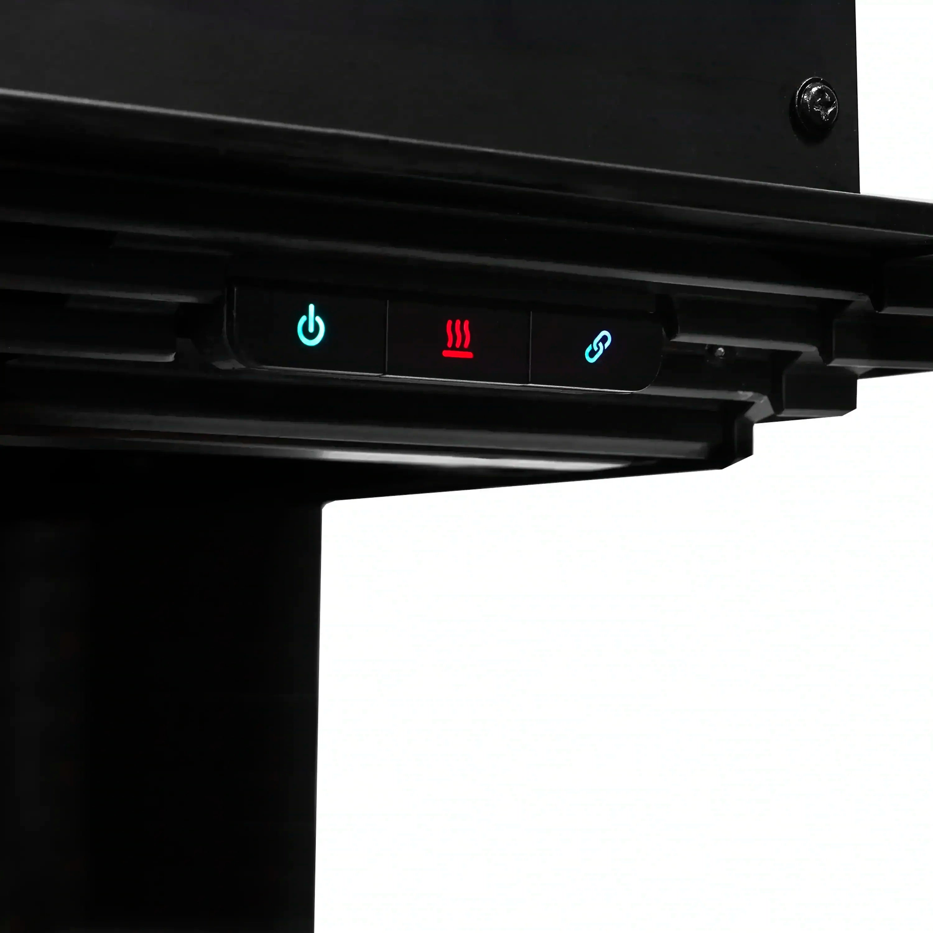 Linear electric fireplace control panel with power and flame setting icons