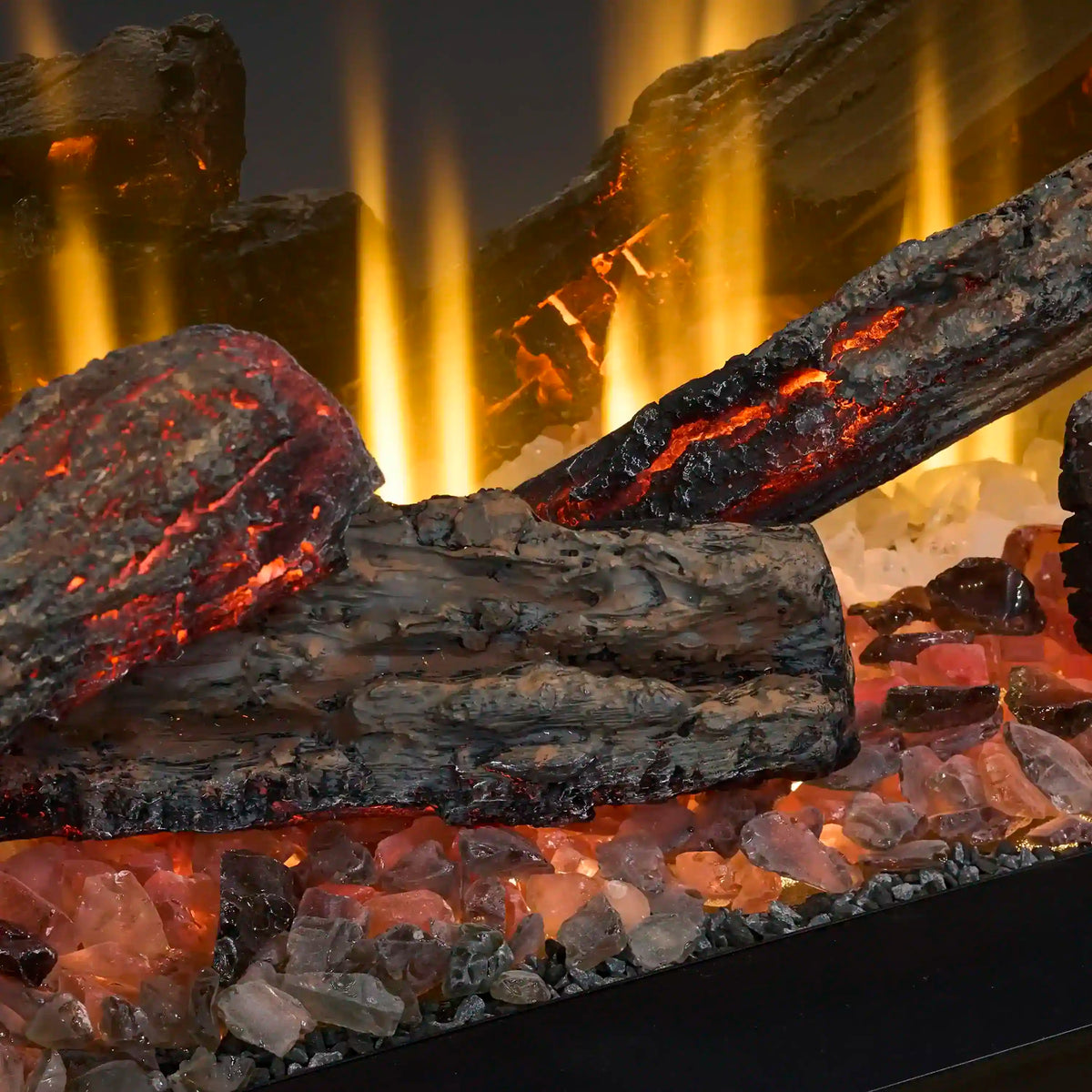 Black electric linear fireplace interior with glowing embers and flickering flame logs