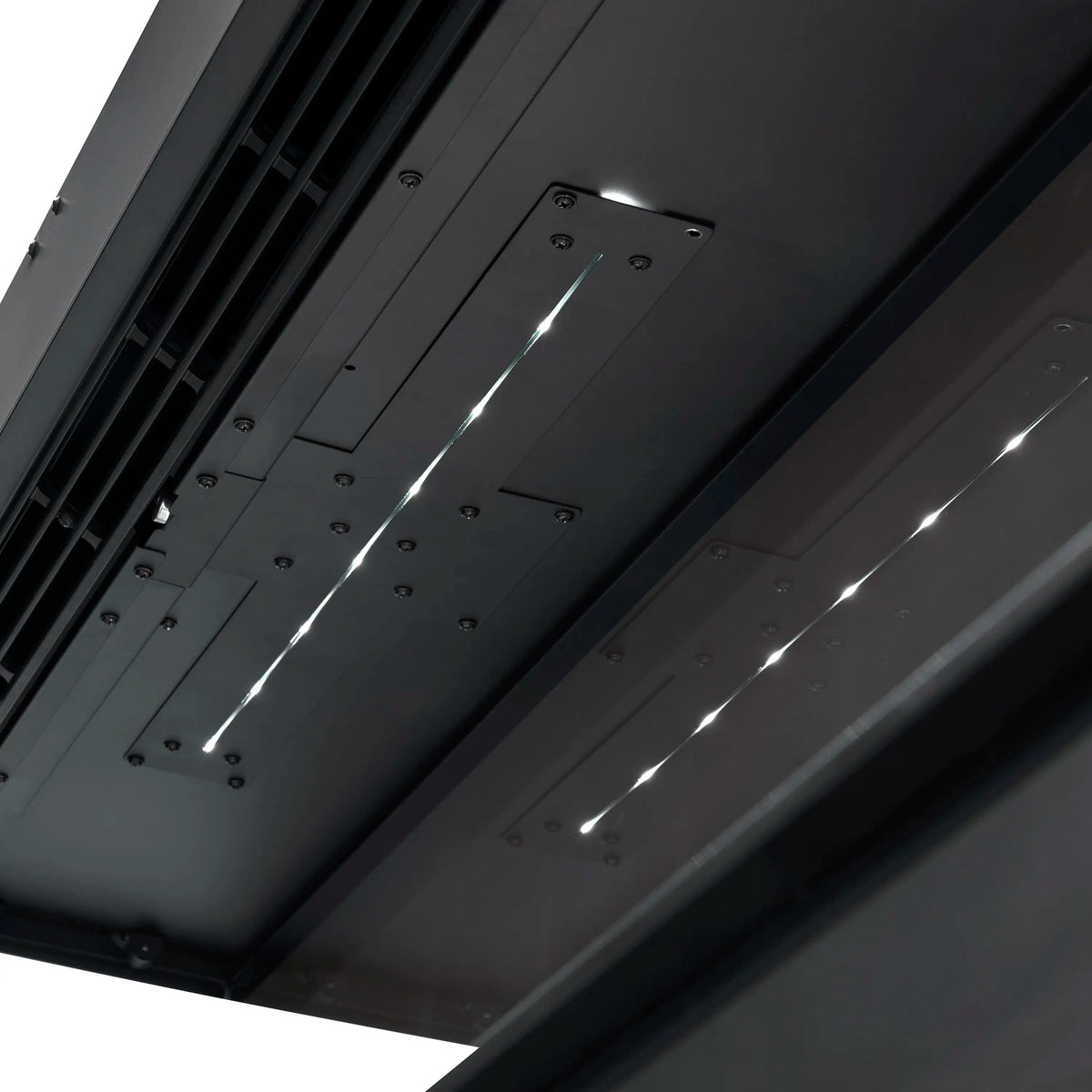 Close-up of built-in fireplace vent grille and interior LED light strip
