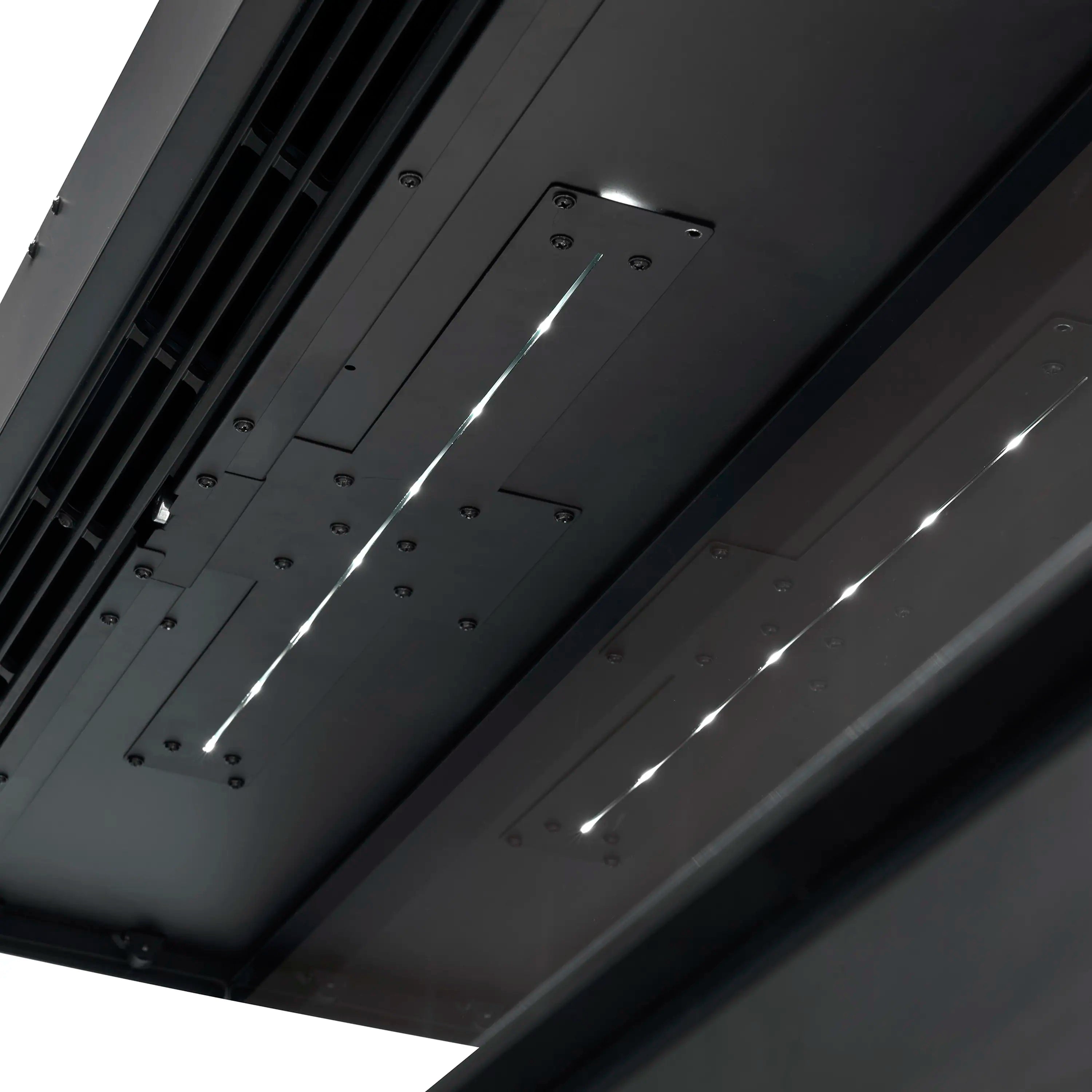 Close-up interior view of fireplace vents and slim LED indicator light rows
