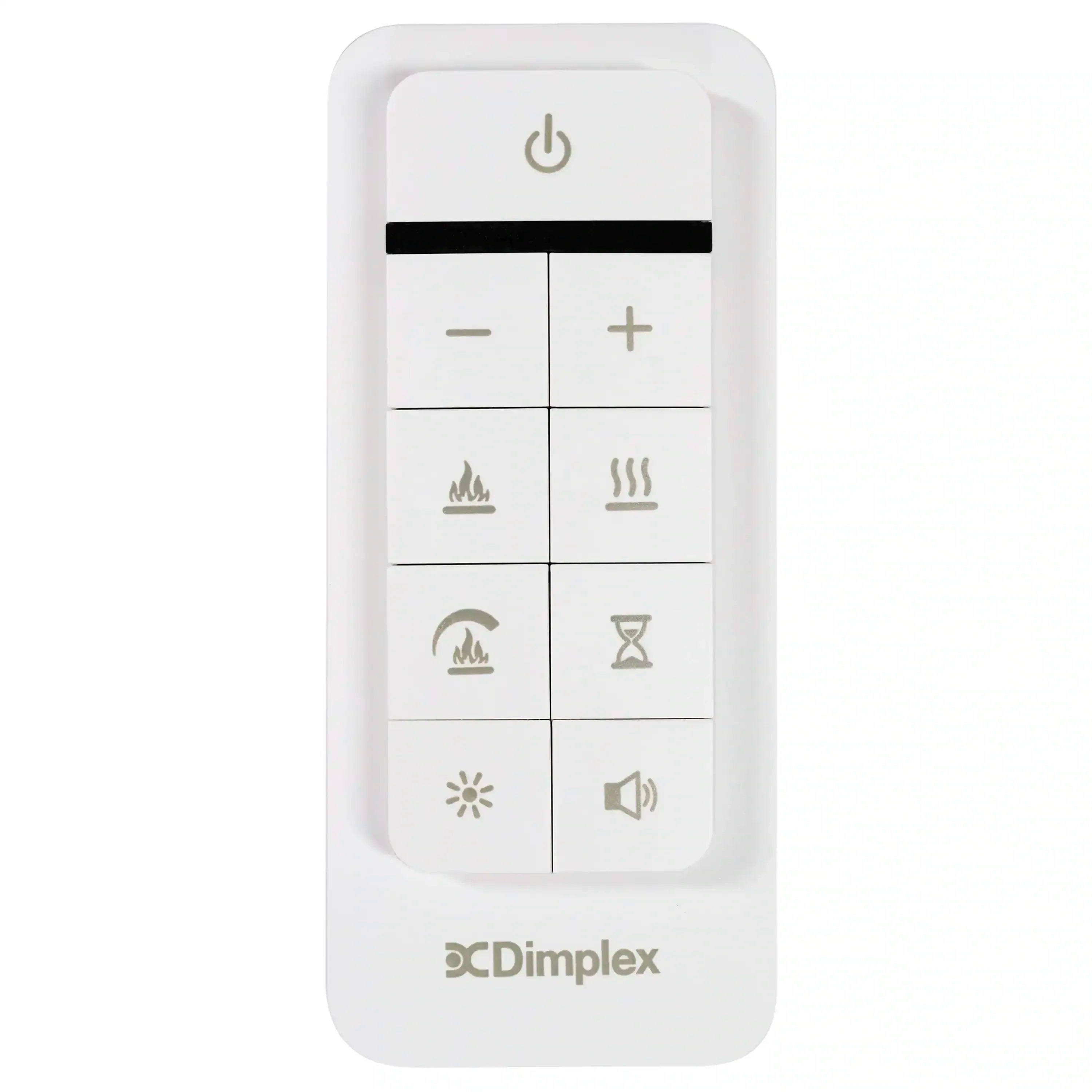 Dimplex remote control with white face and icon button grid for fireplace control