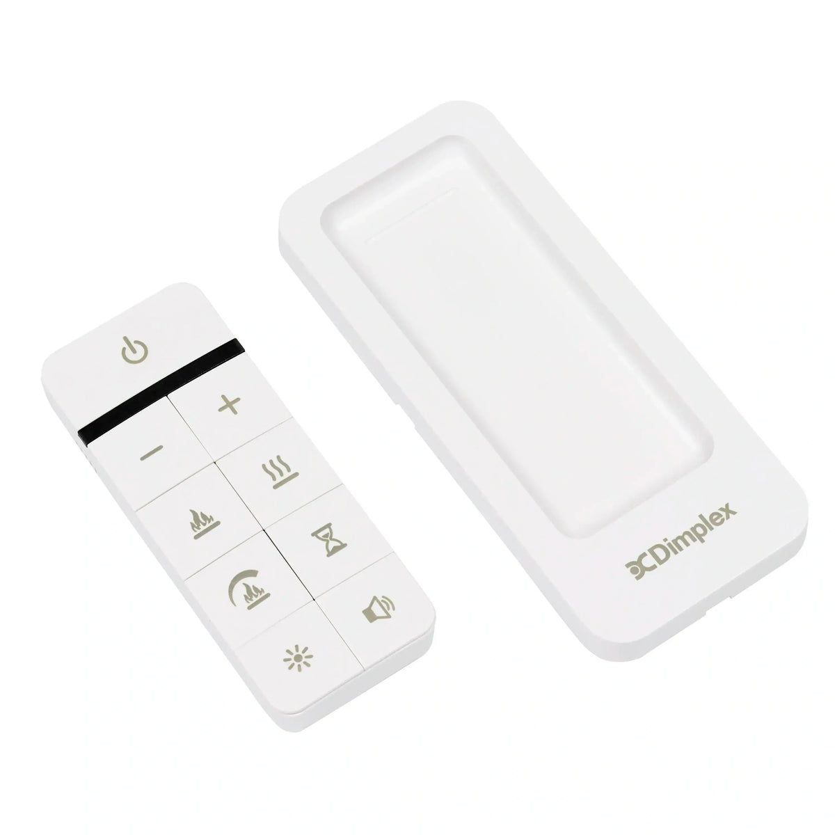 Two white Dimplex remote controls with button icon layout