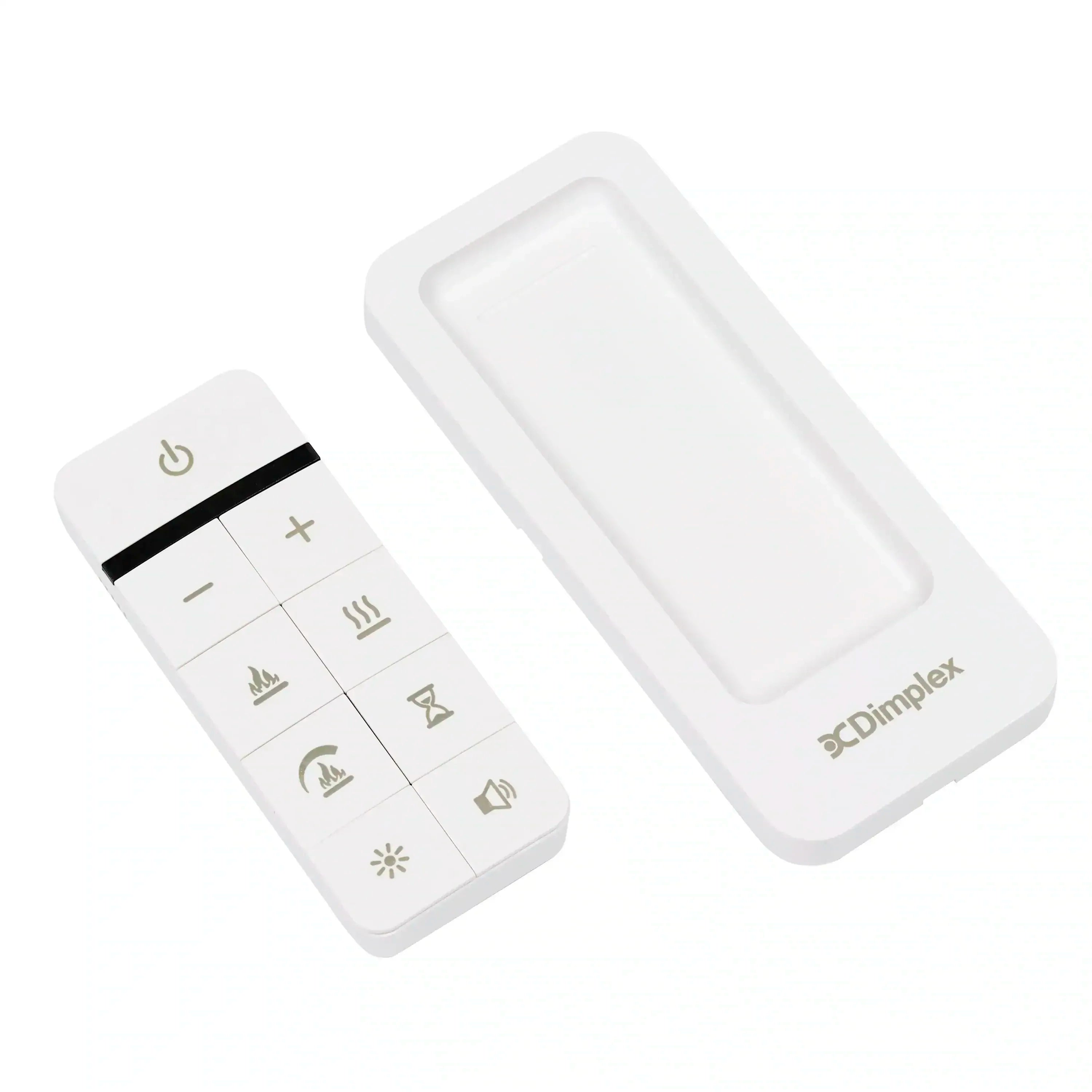 Two Dimplex remote controls with white cases and button icon layout