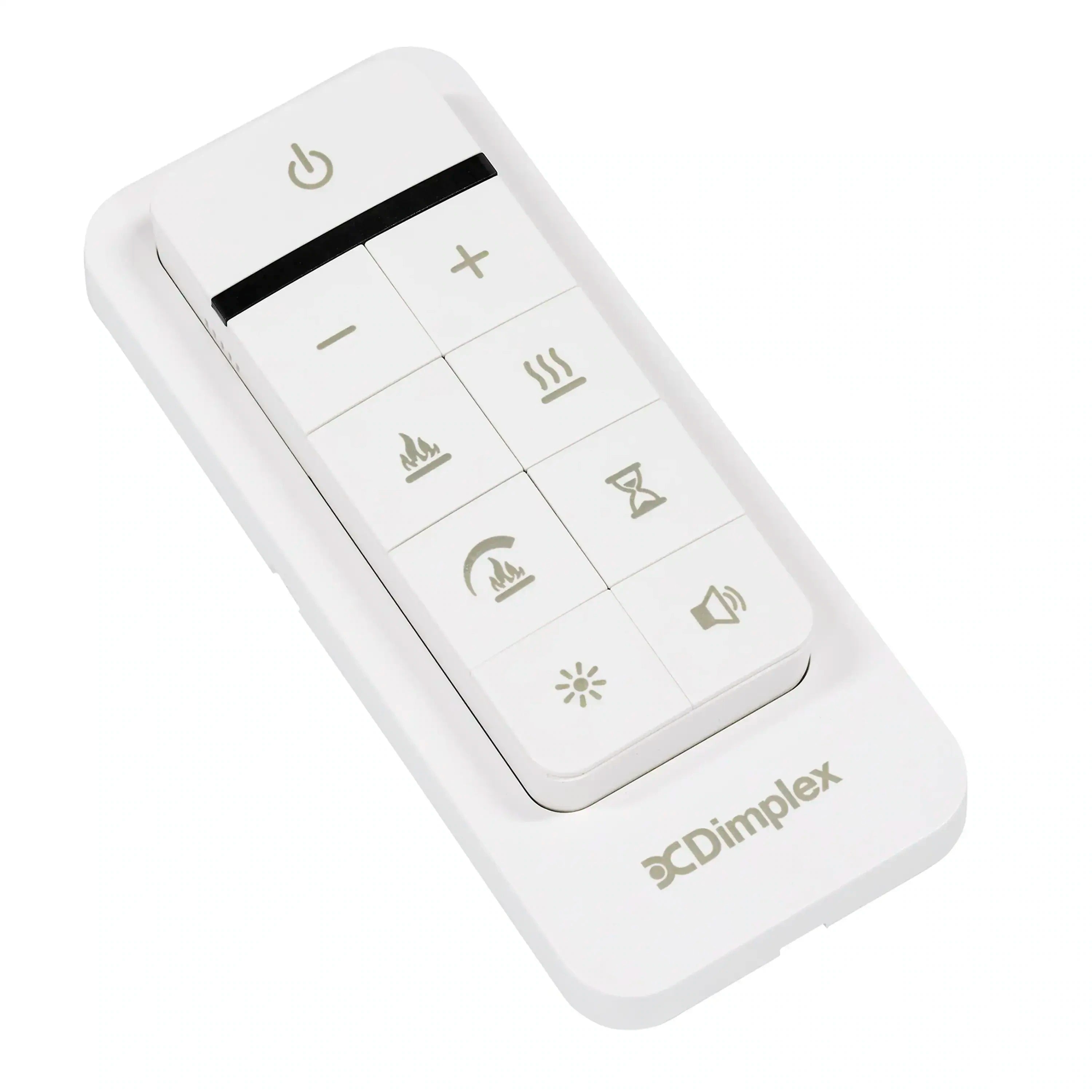White Dimplex remote control with button icons and +/– controls