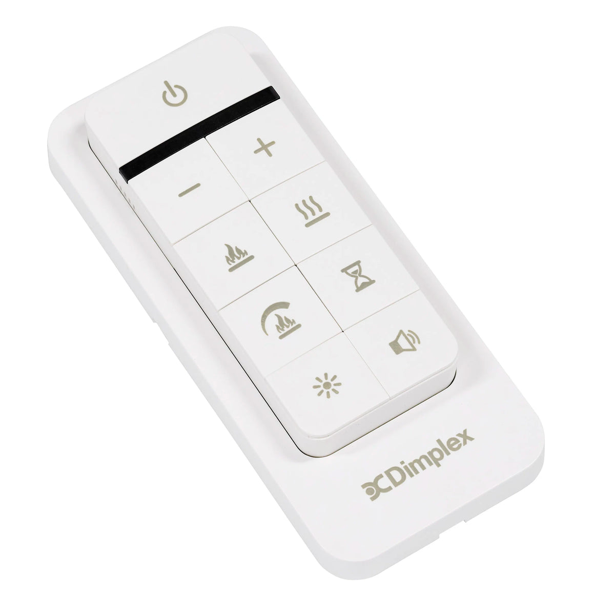 White remote control for linear electric fireplace with touch icons and power button