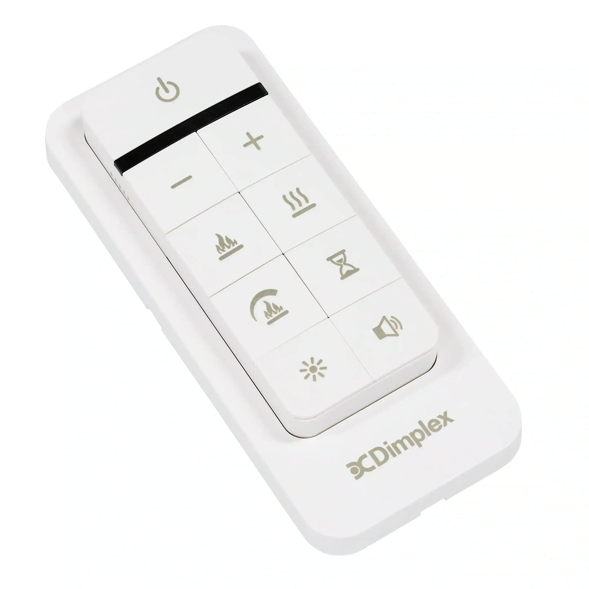 Dimplex remote control with white buttons and touch icons for fireplace settings