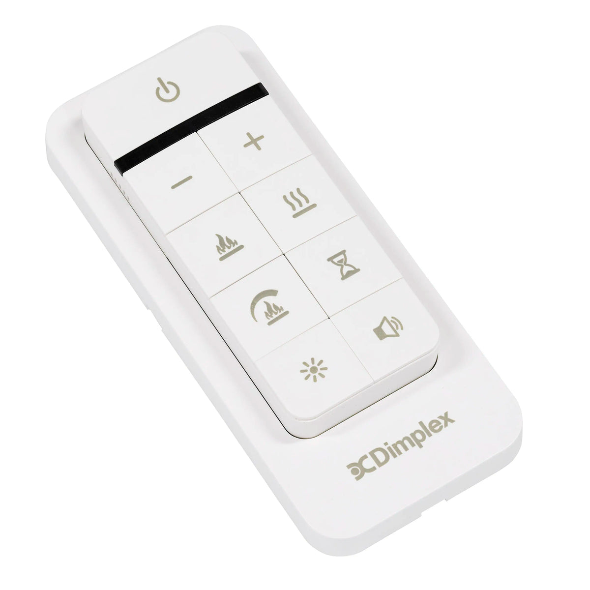 White handheld remote control with icon buttons for power and flame settings