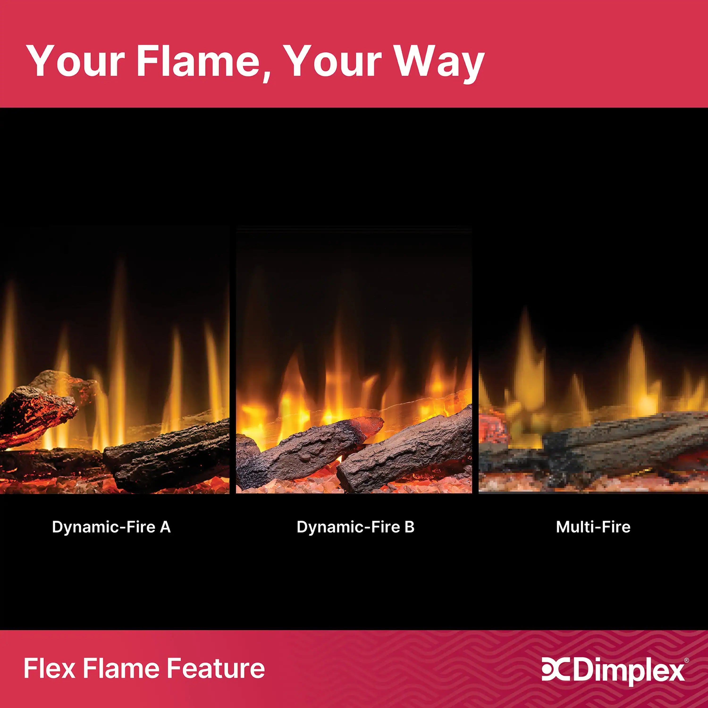 Electric fireplace flame display showing multiple flame modes on a marketing graphic