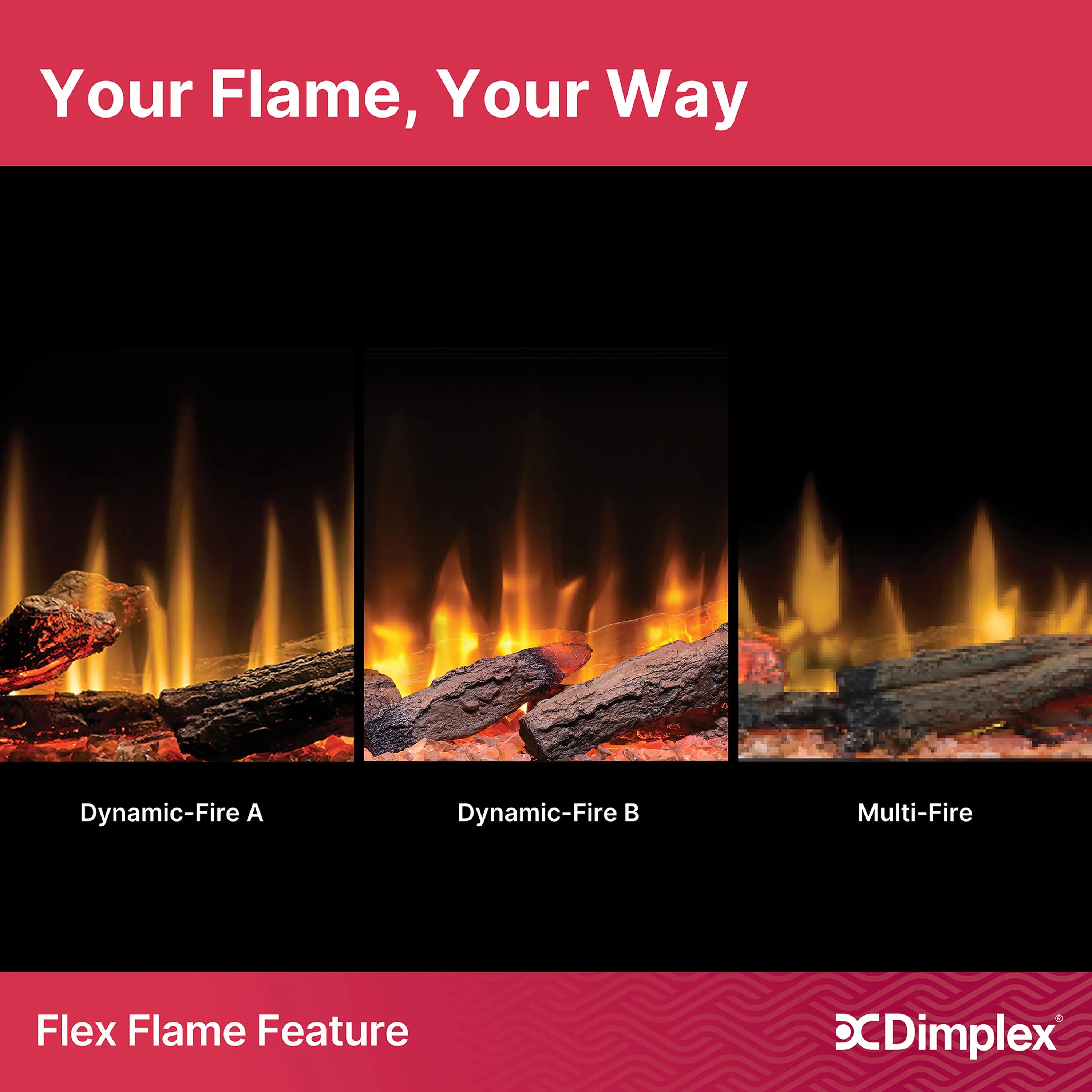 Electric fireplace flame effects banner with three flame style options