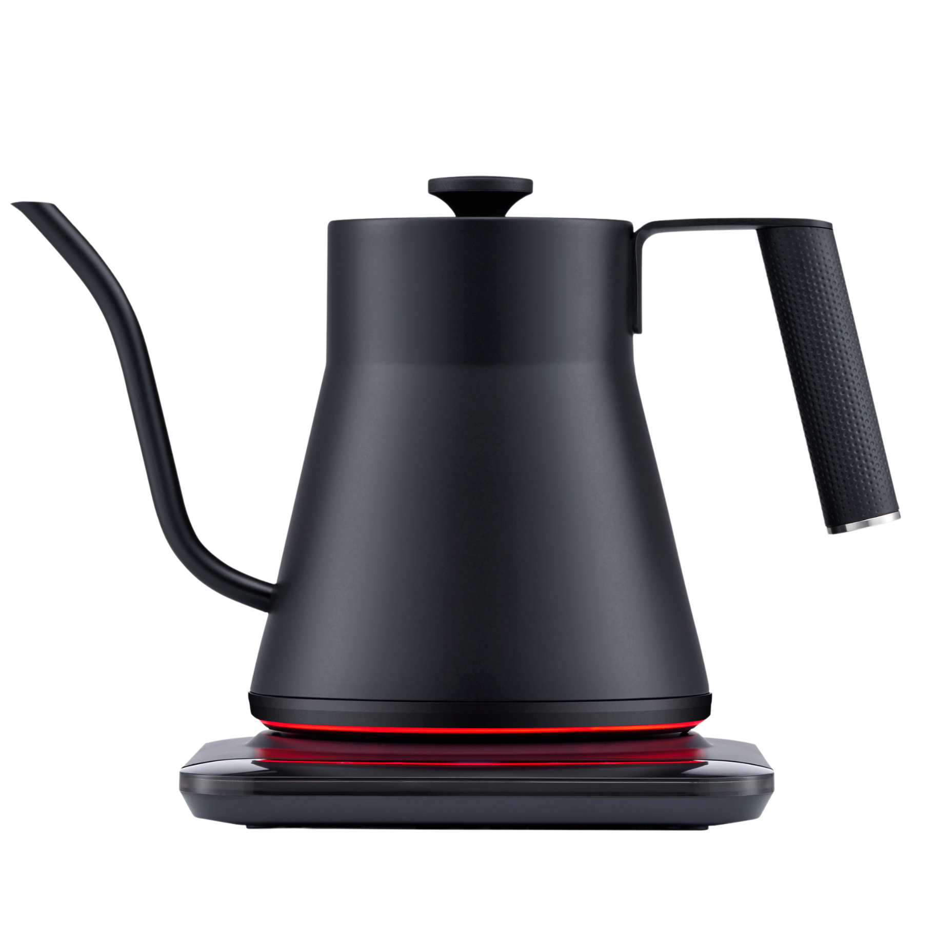 Matte black electric gooseneck kettle with textured handle grip and arched spout