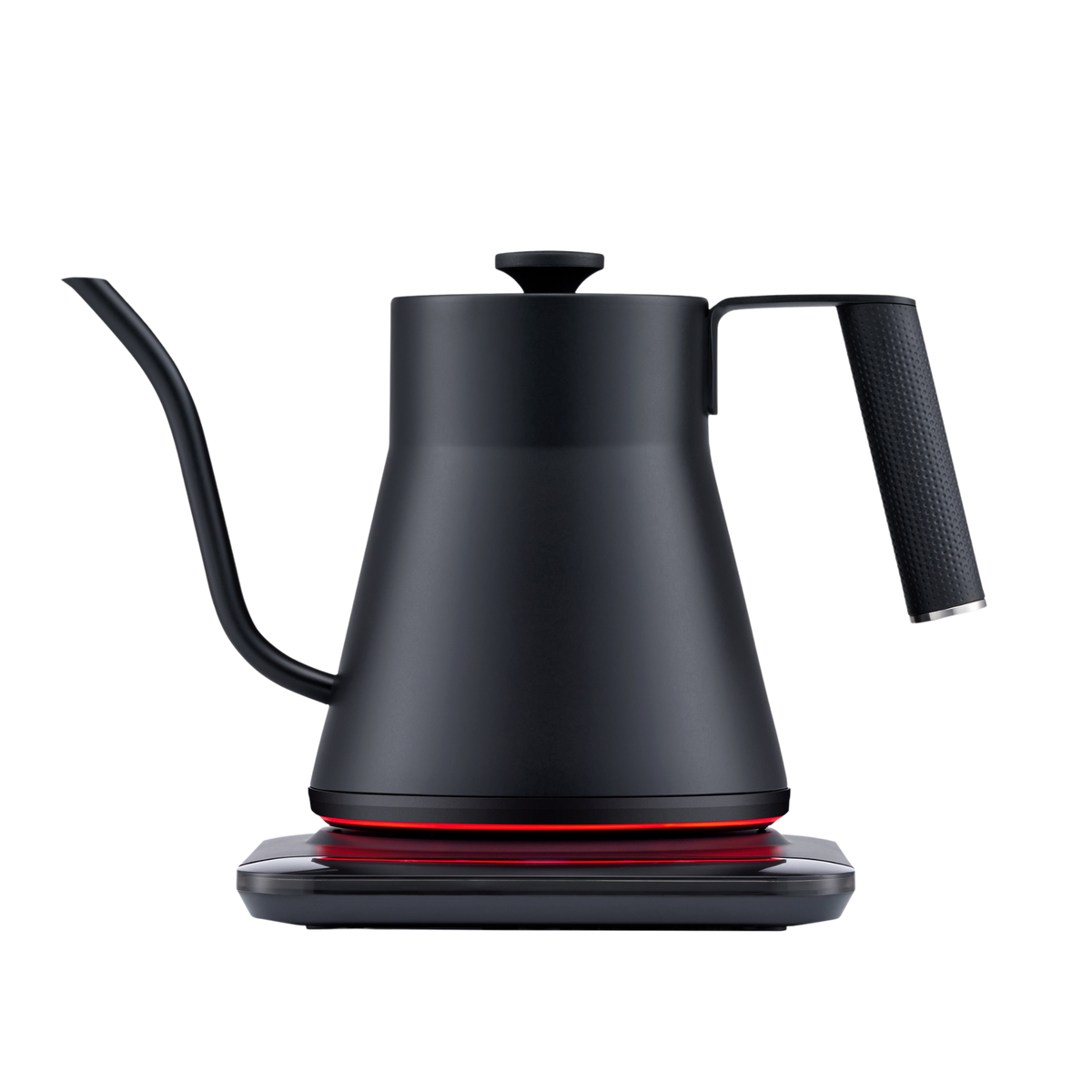 Matte black electric gooseneck kettle with textured handle grip and curved spout