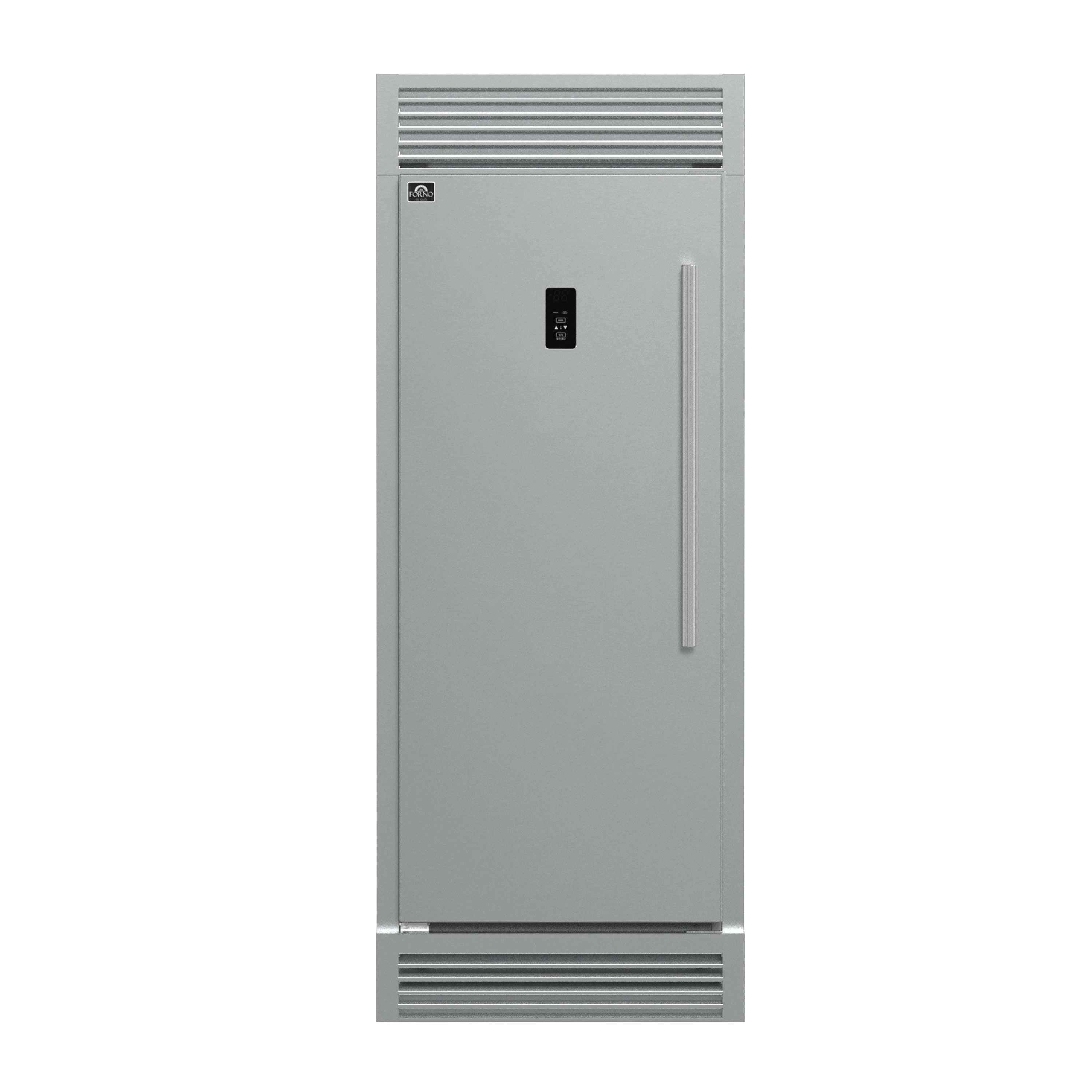 Stainless steel 32-inch left-swing freezer with trim grille and control panel