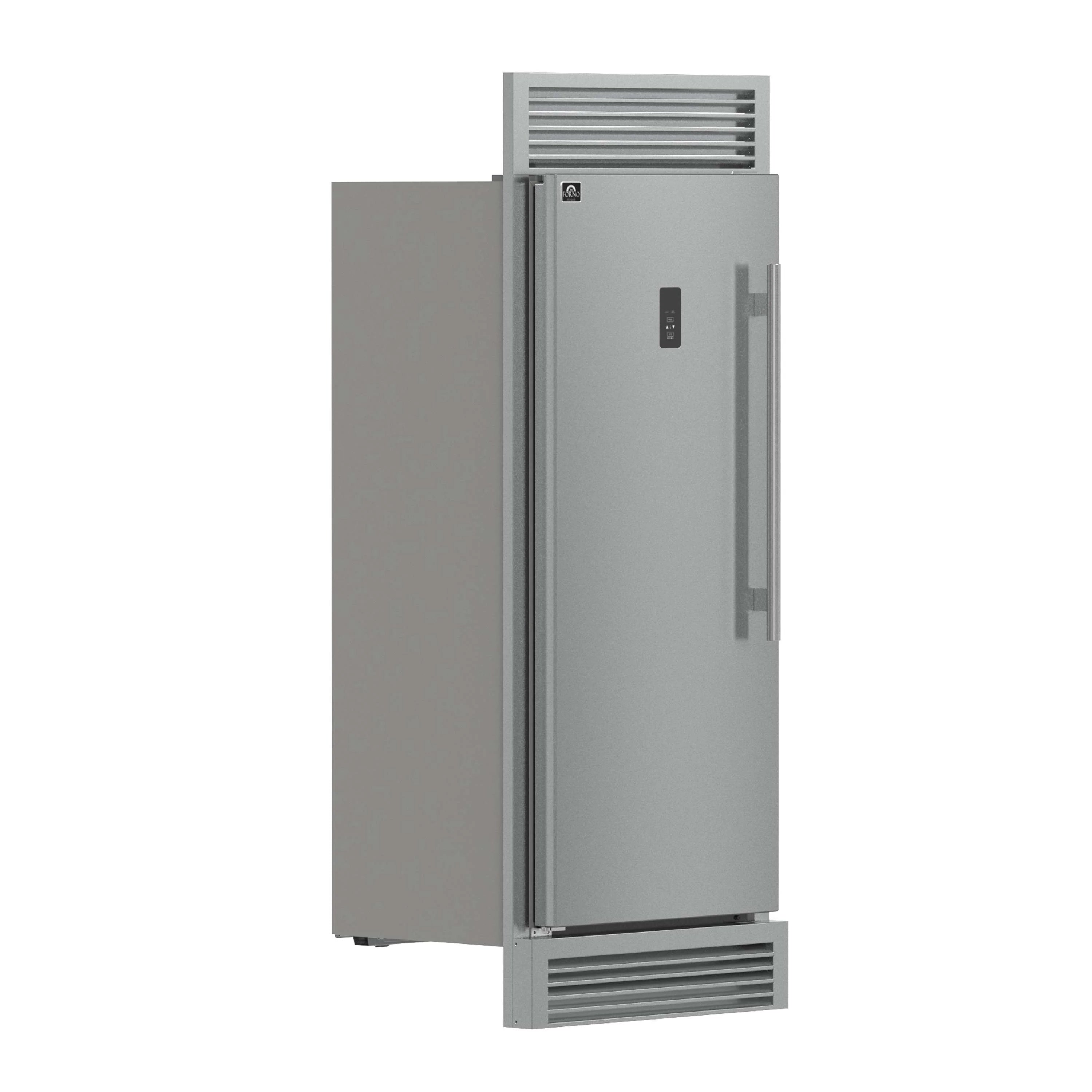 Stainless steel left-swing freezer, side view with handle and top trim grille