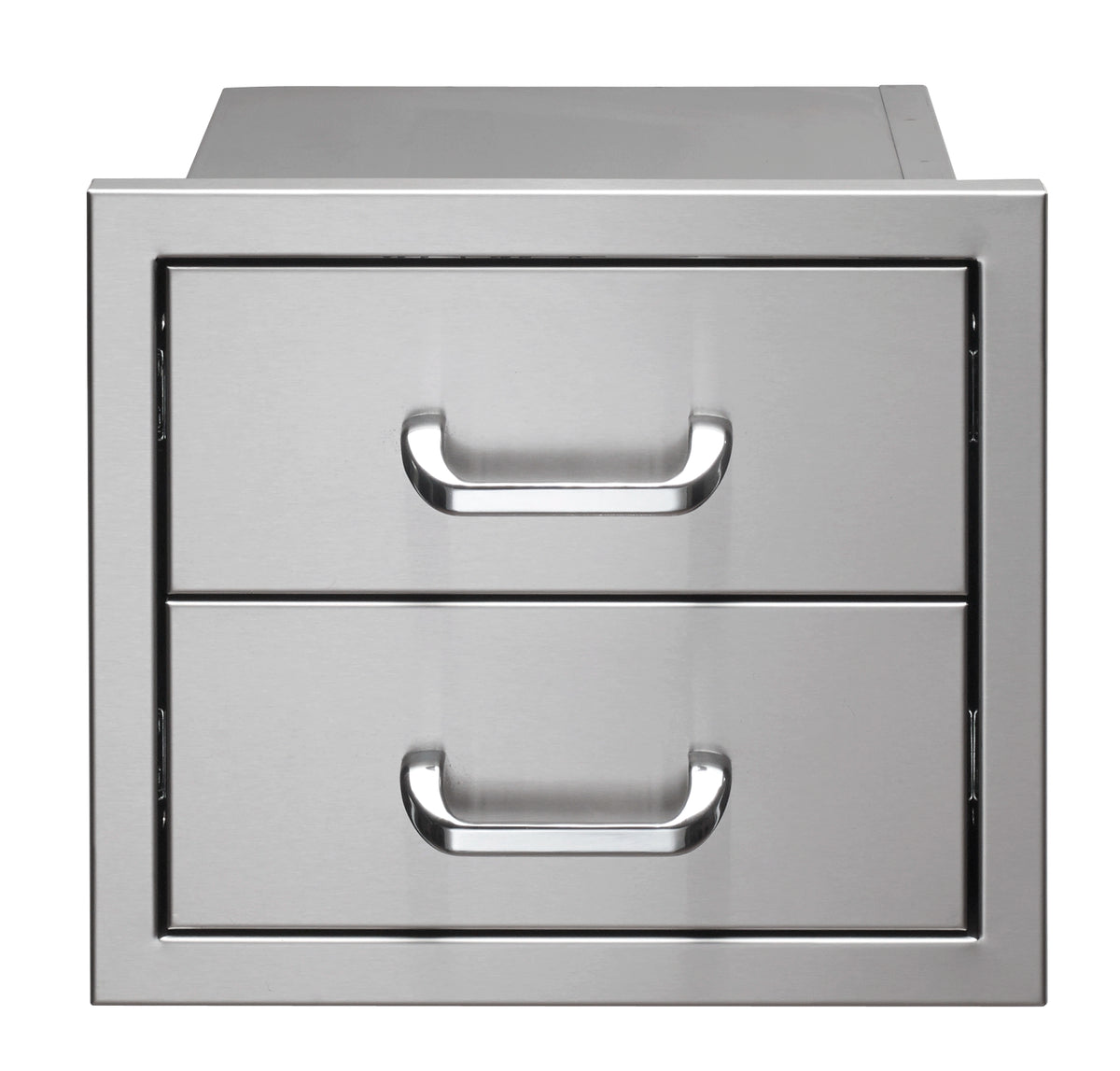 Metal two-drawer system with two rectangular drawers and curved bar handles, front view