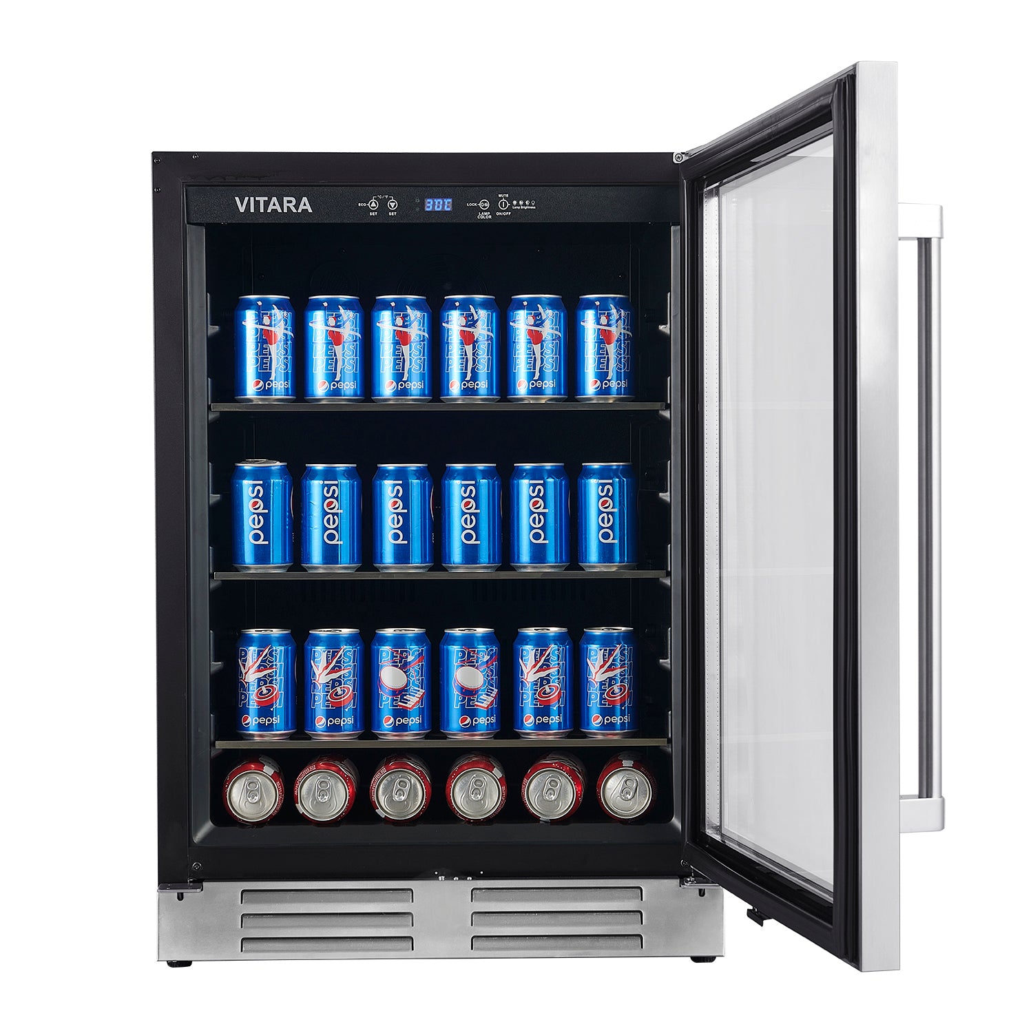 Stainless beverage center with open door, blue soda cans on black interior shelves