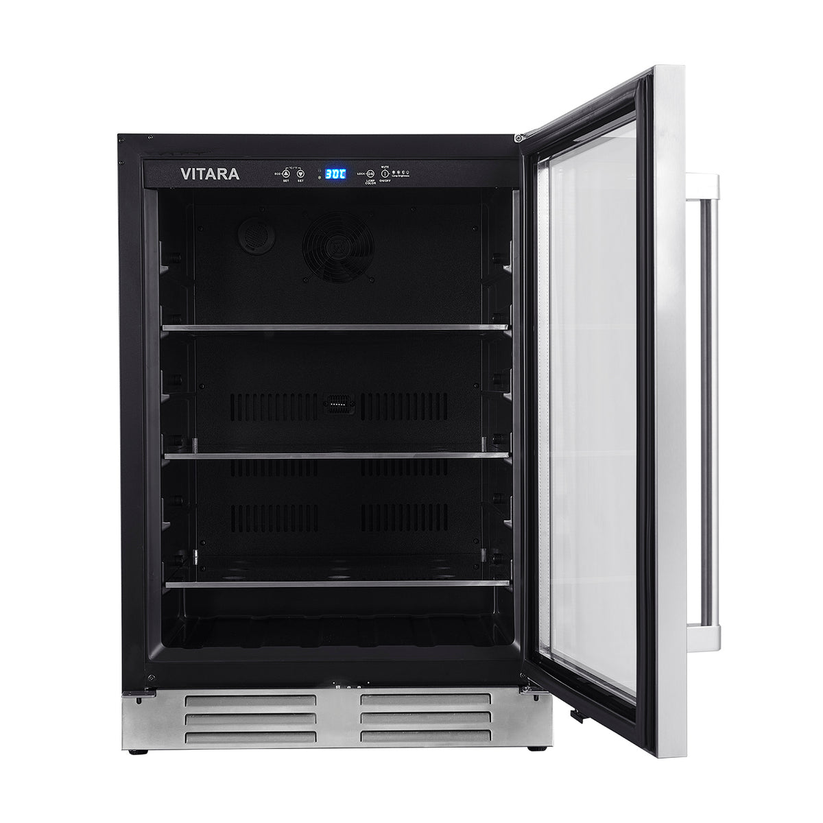 Stainless steel beverage center with open glass door and black interior shelves